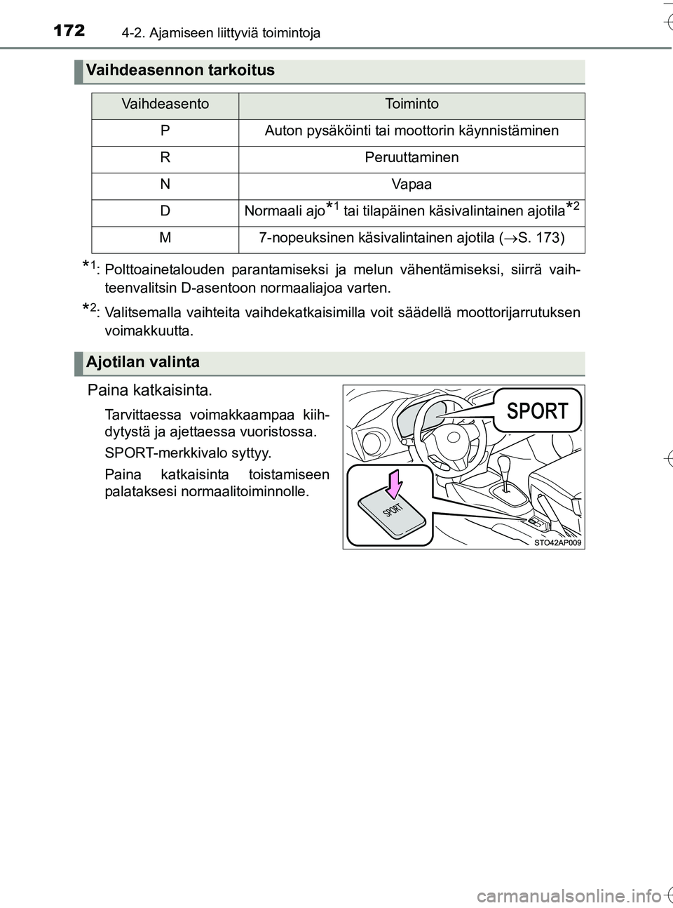 TOYOTA YARIS HATCHBACK 2016  Omistajan Käsikirja (in Finnish) 1724-2. Ajamiseen liittyviä toimintoja
OM52G66FI
*1: Polttoainetalouden parantamiseksi ja melun vähentämiseksi, siirrä vaih-teenvalitsin D-asentoon normaaliajoa varten.
*2: Valitsemalla vaihteita 