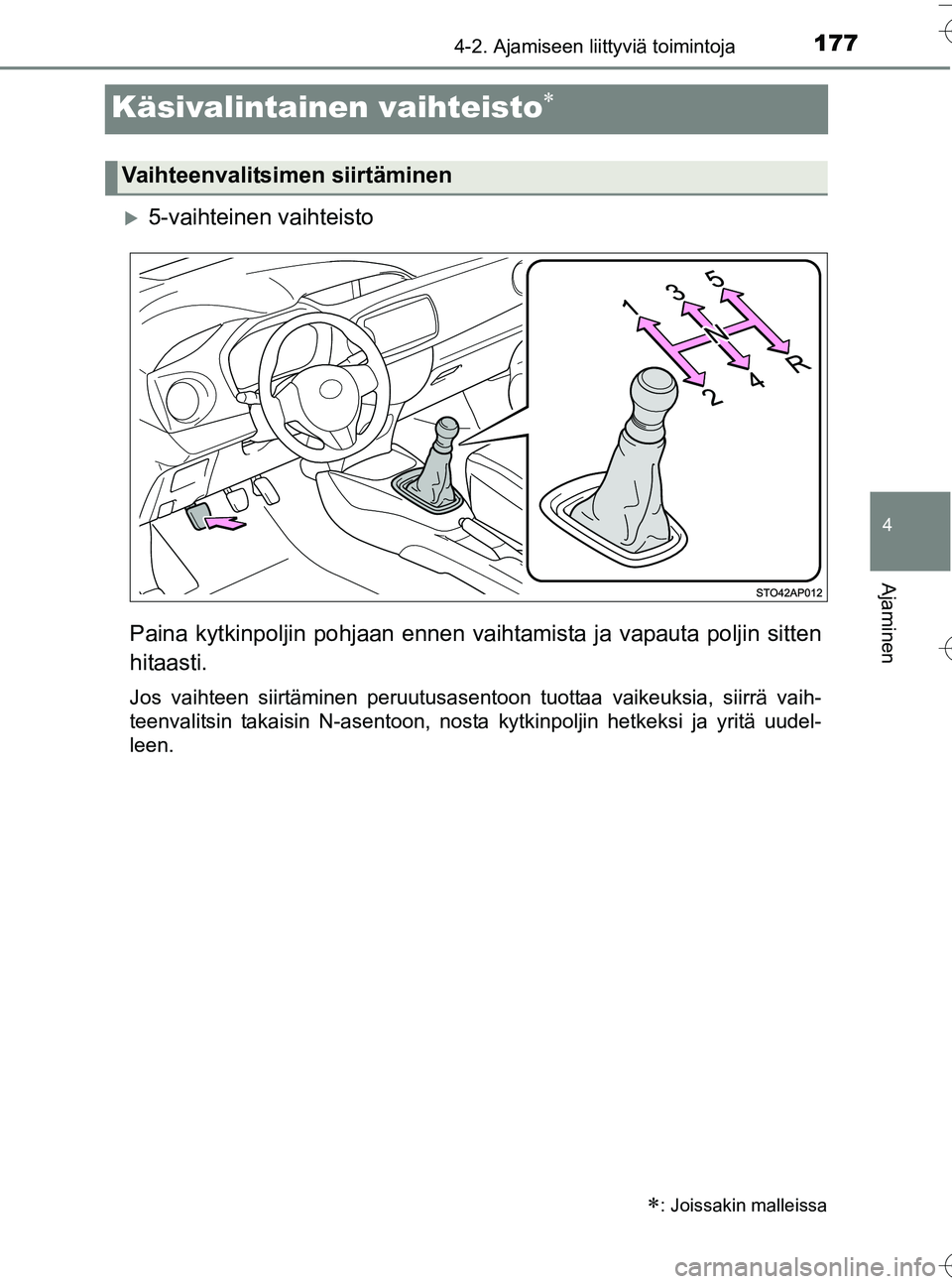 TOYOTA YARIS HATCHBACK 2016  Omistajan Käsikirja (in Finnish) 177
4
4-2. Ajamiseen liittyviä toimintoja
Ajaminen
OM52G66FI
Käsivalintainen vaihteisto
5-vaihteinen vaihteisto
Paina kytkinpoljin pohjaan ennen vaih tamista ja vapauta poljin sitten
hitaasti.