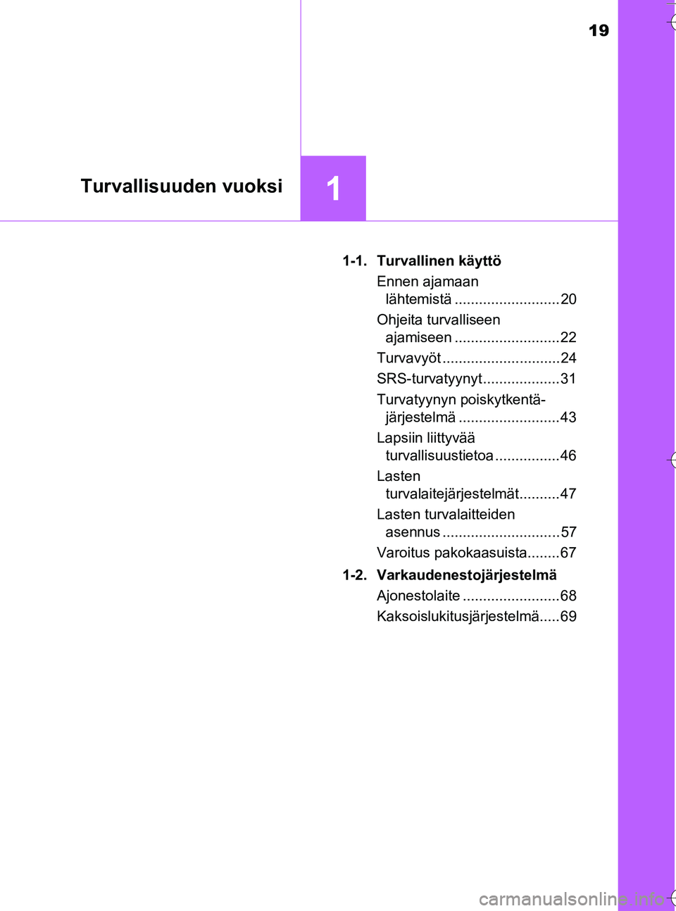TOYOTA YARIS HATCHBACK 2016  Omistajan Käsikirja (in Finnish) 19
1Turvallisuuden vuoksi
OM52G66FI1-1. Turvallinen käyttö
Ennen ajamaan lähtemistä .......................... 20
Ohjeita turvalliseen  ajamiseen .......................... 22
Turvavyöt .........