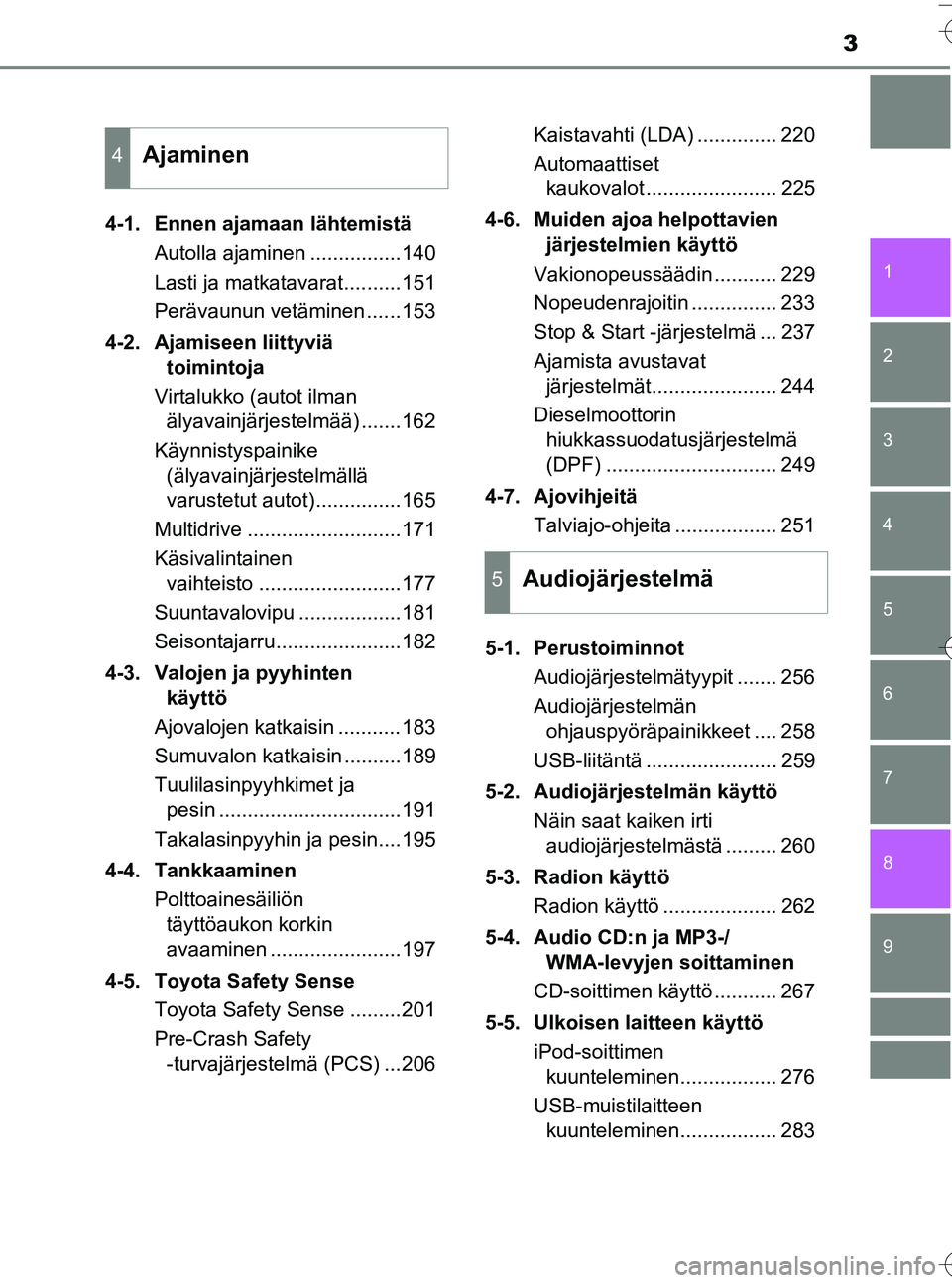 TOYOTA YARIS HATCHBACK 2016  Omistajan Käsikirja (in Finnish) 3
1
7
8 6 5
4
3
2
9
OM52G66FI4-1. Ennen ajamaan lähtemistä
Autolla ajaminen ................140
Lasti ja matkatavarat..........151
Perävaunun vetäminen ......153
4-2. Ajamiseen liittyviä  toimint