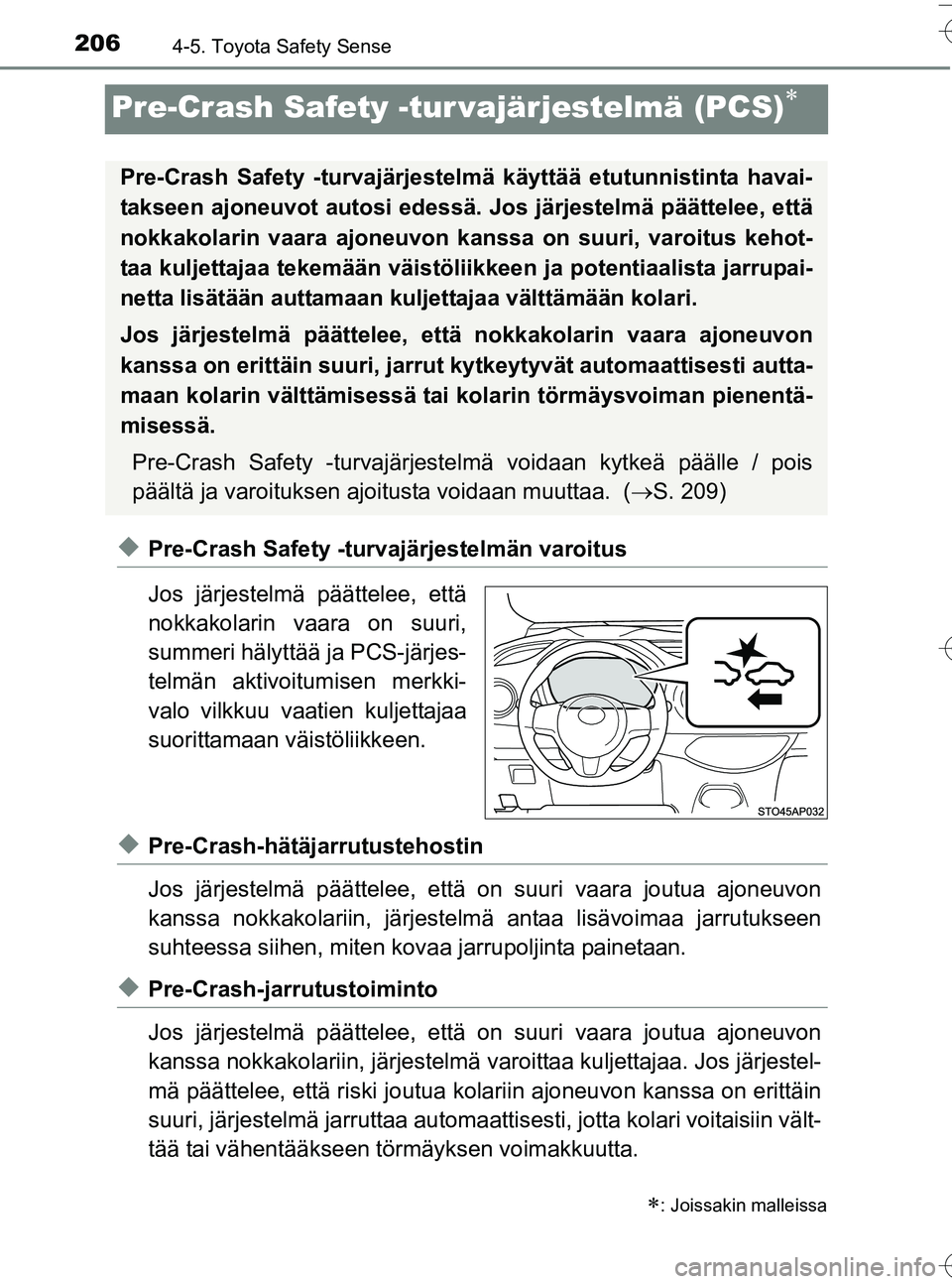 TOYOTA YARIS HATCHBACK 2016  Omistajan Käsikirja (in Finnish) 2064-5. Toyota Safety Sense
OM52G66FI
Pre-Crash Safety -tur vajärjestelmä (PCS)
uPre-Crash Safety -turvajärjestelmän varoitus
Jos järjestelmä päättelee, että
nokkakolarin vaara on suuri,
s