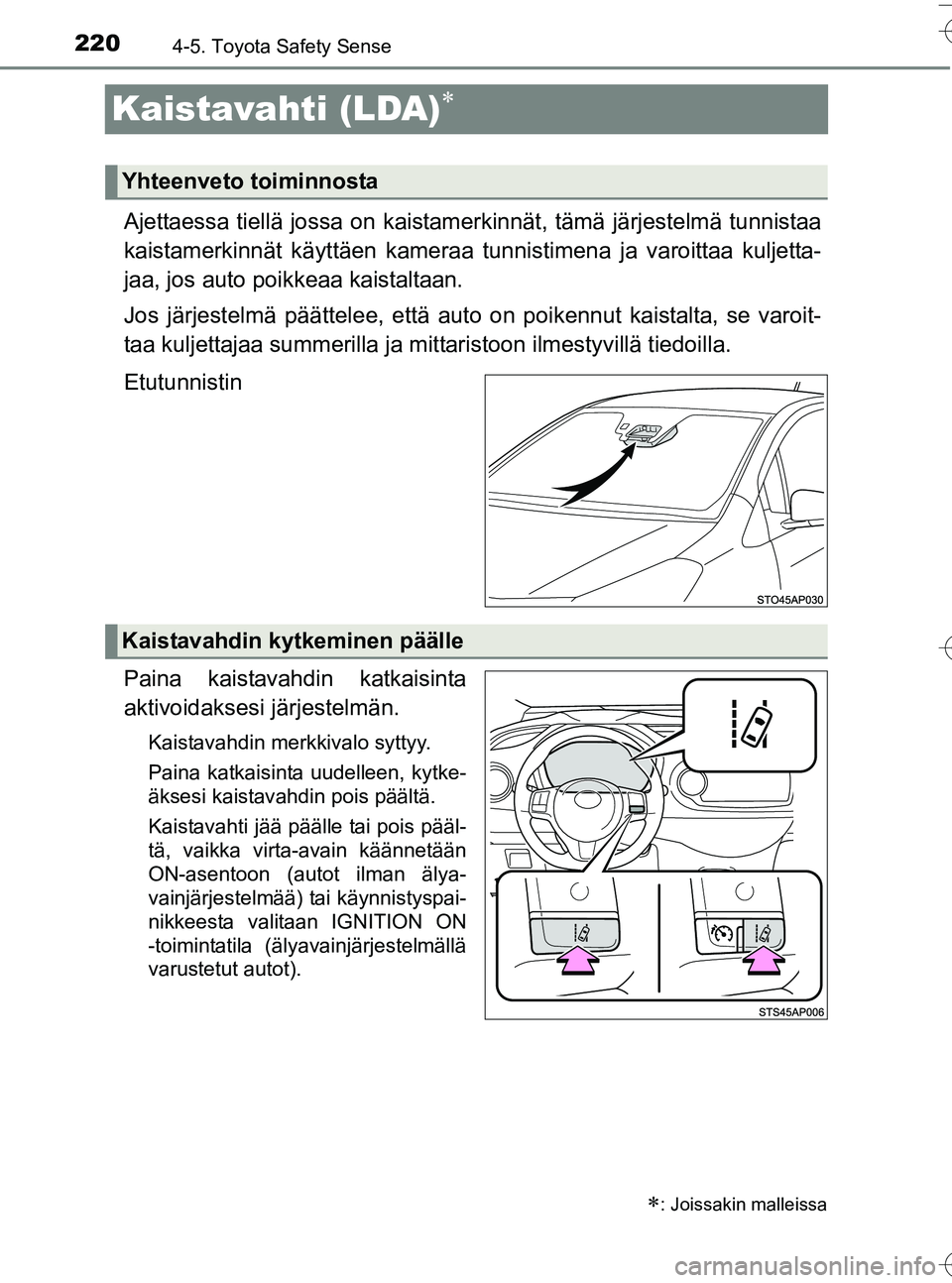 TOYOTA YARIS HATCHBACK 2016  Omistajan Käsikirja (in Finnish) 2204-5. Toyota Safety Sense
OM52G66FI
Kaistavahti (LDA)
Ajettaessa tiellä jossa on kaistamerkinnät, tämä järjestelmä tunnistaa
kaistamerkinnät käyttäen kameraa tunnistimena ja varoittaa ku