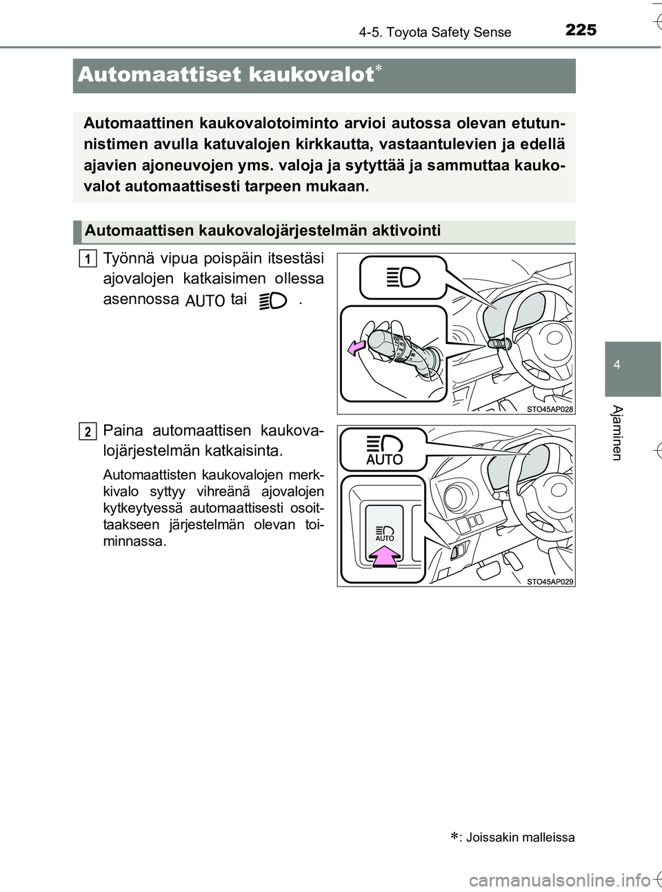 TOYOTA YARIS HATCHBACK 2016 Omistajan Käsikirja (in Finnish) 225
4
4-5. Toyota Safety Sense
Ajaminen
OM52G66FI
Automaattiset kaukovalot
Työnnä vipua poispäin itsestäsi
ajovalojen katkaisimen ollessa
asennossa tai .
Paina automaattisen kaukova-
lojärje TOYOTA YARIS HATCHBACK 2016 Omistajan Käsikirja (in Finnish) 225
4
4-5. Toyota Safety Sense
Ajaminen
OM52G66FI
Automaattiset kaukovalot
Työnnä vipua poispäin itsestäsi
ajovalojen katkaisimen ollessa
asennossa tai .
Paina automaattisen kaukova-
lojärje