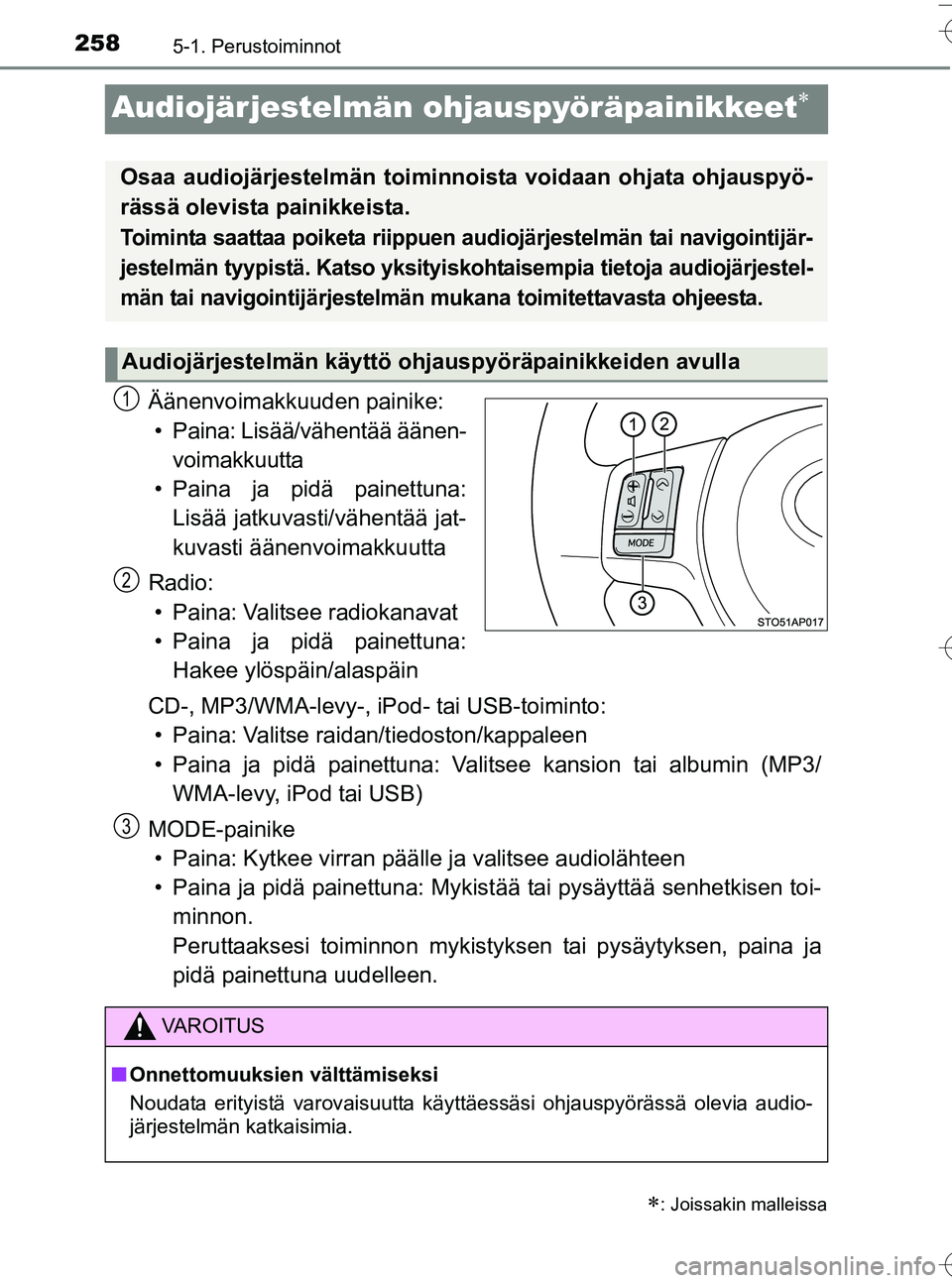 TOYOTA YARIS HATCHBACK 2016 Omistajan Käsikirja (in Finnish) 2585-1. Perustoiminnot
OM52G66FI
Audiojärjestelmän ohjauspyöräpainikkeet
Äänenvoimakkuuden painike:• Paina: Lisää/vähentää äänen- voimakkuutta
• Paina ja pidä painettuna: Lisää TOYOTA YARIS HATCHBACK 2016 Omistajan Käsikirja (in Finnish) 2585-1. Perustoiminnot
OM52G66FI
Audiojärjestelmän ohjauspyöräpainikkeet
Äänenvoimakkuuden painike:• Paina: Lisää/vähentää äänen- voimakkuutta
• Paina ja pidä painettuna: Lisää