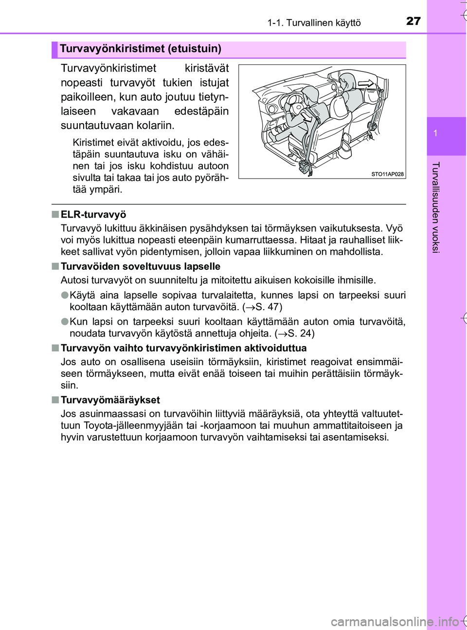 TOYOTA YARIS HATCHBACK 2016 Omistajan Käsikirja (in Finnish) 271-1. Turvallinen käyttö
1
Turvallisuuden vuoksi
OM52G66FI
Turvavyönkiristimet kiristävät
nopeasti turvavyöt tukien istujat
paikoilleen, kun auto joutuu tietyn-
laiseen vakavaan edestäpäin
su TOYOTA YARIS HATCHBACK 2016 Omistajan Käsikirja (in Finnish) 271-1. Turvallinen käyttö
1
Turvallisuuden vuoksi
OM52G66FI
Turvavyönkiristimet kiristävät
nopeasti turvavyöt tukien istujat
paikoilleen, kun auto joutuu tietyn-
laiseen vakavaan edestäpäin
su