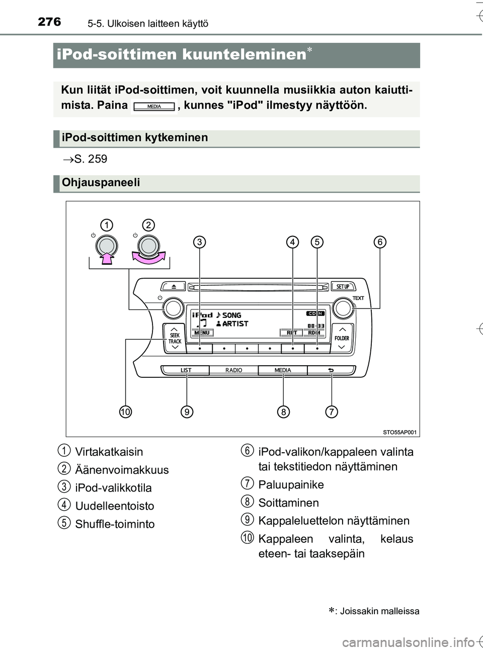 TOYOTA YARIS HATCHBACK 2016  Omistajan Käsikirja (in Finnish) 2765-5. Ulkoisen laitteen käyttö
OM52G66FI
iPod-soittimen kuunteleminen
S. 259
: Joissakin malleissa
Kun liität iPod-soittime n, voit kuunnella musiikkia auton kaiutti-
mista. Paina  , kun