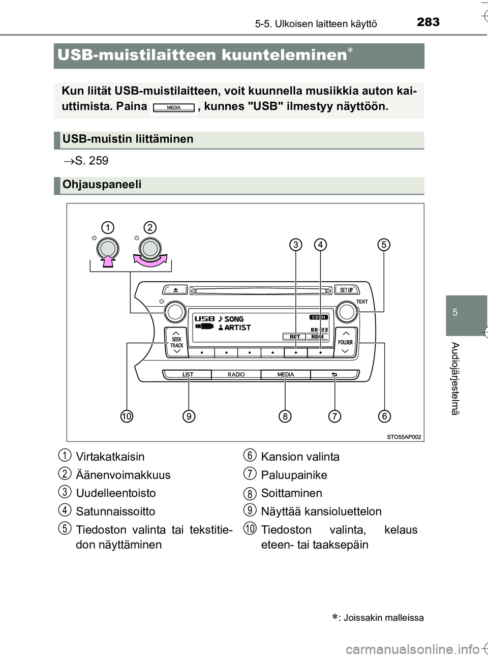 TOYOTA YARIS HATCHBACK 2016 Omistajan Käsikirja (in Finnish) 283
5
5-5. Ulkoisen laitteen käyttö
Audiojärjestelmä
OM52G66FI
USB-muistilaitteen kuunteleminen
ï‚®S. 259
: Joissakin malleissa
Kun liität USB-muisti laitteen, voit kuunnell a musiikkia aut TOYOTA YARIS HATCHBACK 2016 Omistajan Käsikirja (in Finnish) 283
5
5-5. Ulkoisen laitteen käyttö
Audiojärjestelmä
OM52G66FI
USB-muistilaitteen kuunteleminen
ï‚®S. 259
: Joissakin malleissa
Kun liität USB-muisti laitteen, voit kuunnell a musiikkia aut