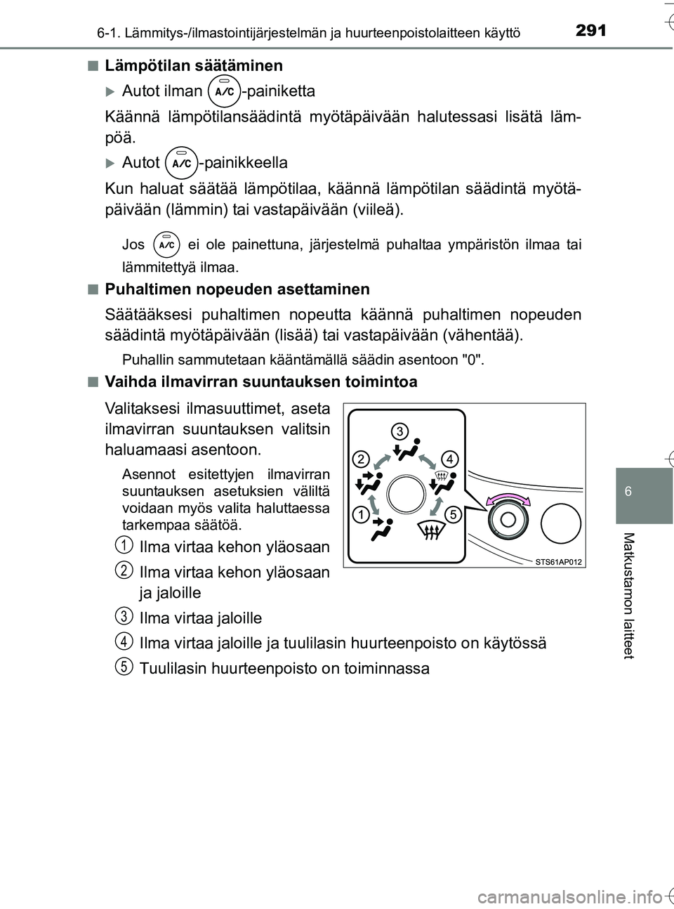 TOYOTA YARIS HATCHBACK 2016  Omistajan Käsikirja (in Finnish) 2916-1. Lämmitys-/ilmastointijärjestelmän ja huurteenpoistolaitteen käyttö
6
Matkustamon laitteet
OM52G66FIn
Lämpötilan säätäminen
Autot ilman  -painiketta
Käännä lämpötilansäädint