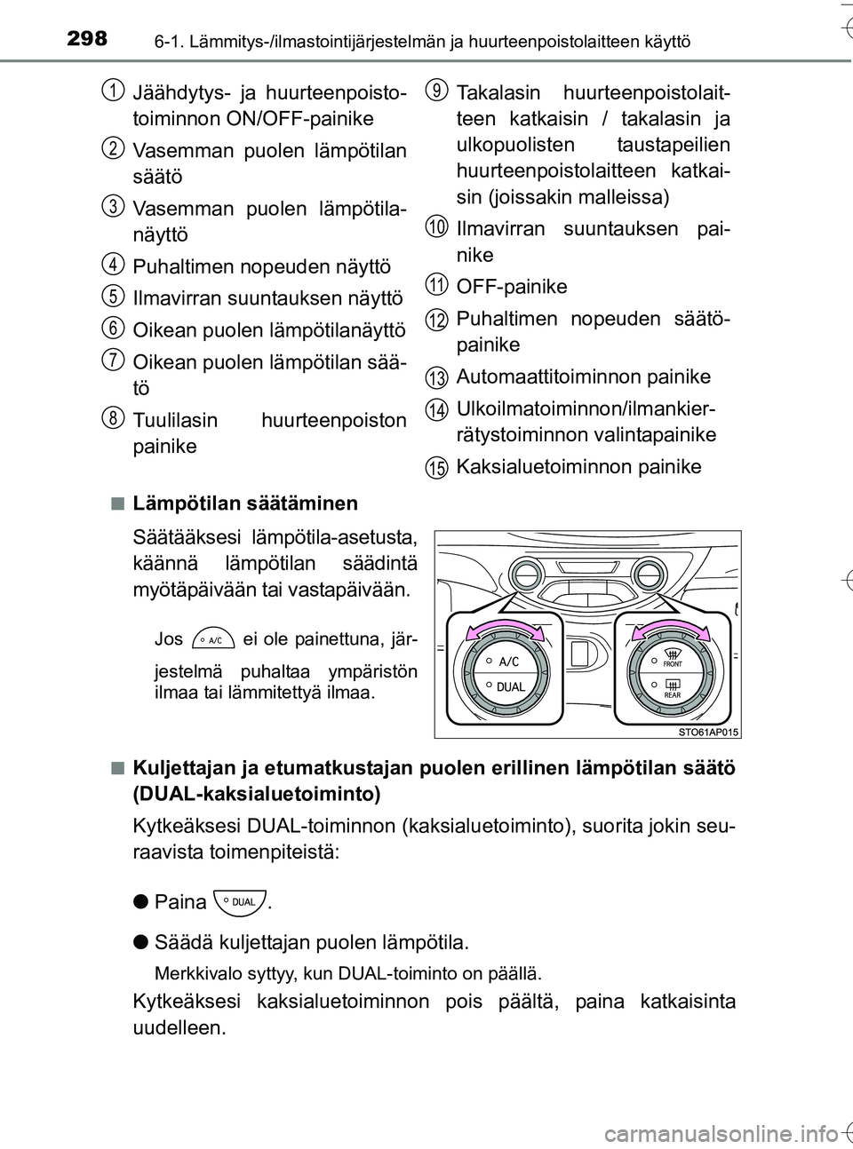 TOYOTA YARIS HATCHBACK 2016  Omistajan Käsikirja (in Finnish) 2986-1. Lämmitys-/ilmastointijärjestelmän ja huurteenpoistolaitteen käyttö
OM52G66FIn
Lämpötilan säätäminen
Säätääksesi lämpötila-asetusta,
käännä lämpötilan säädintä
myötäp