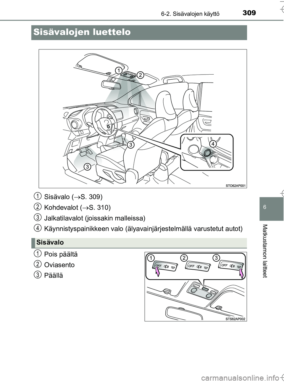TOYOTA YARIS HATCHBACK 2016  Omistajan Käsikirja (in Finnish) 3096-2. Sisävalojen käyttö
6
Matkustamon laitteet
OM52G66FI
Sisävalojen luettelo
Pois päältä
Oviasento
Päällä
Sisävalo (S. 309)
Kohdevalot ( S. 310)
Jalkatilavalot (joi ssakin malleis