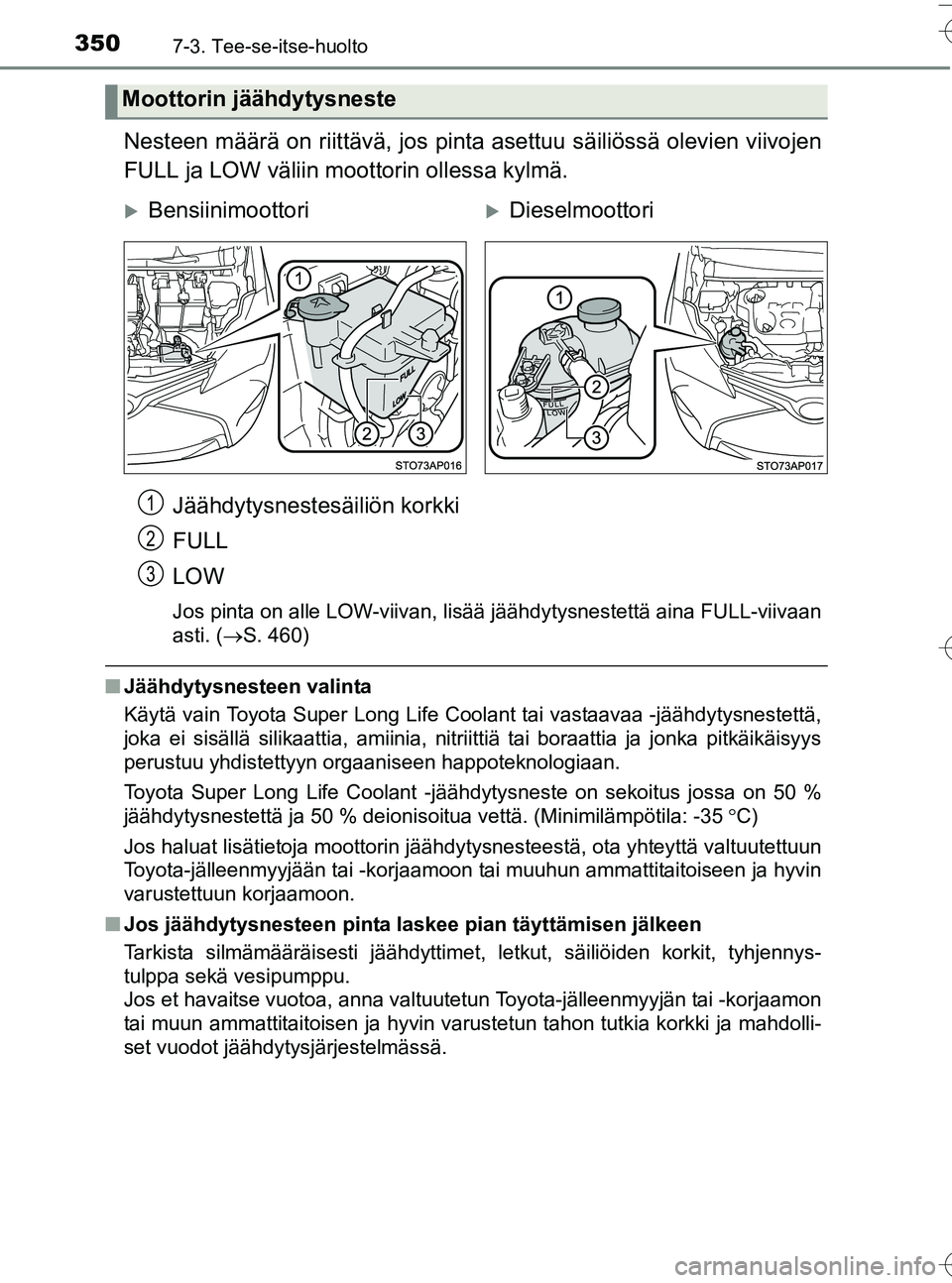 TOYOTA YARIS HATCHBACK 2016 Omistajan Käsikirja (in Finnish) 3507-3. Tee-se-itse-huolto
OM52G66FI
Nesteen määrä on riittävä, jos pinta asettuu säiliössä olevien viivojen
FULL ja LOW väliin moottorin ollessa kylmä.
Jäähdytysnestesäiliön korkki
FULL TOYOTA YARIS HATCHBACK 2016 Omistajan Käsikirja (in Finnish) 3507-3. Tee-se-itse-huolto
OM52G66FI
Nesteen määrä on riittävä, jos pinta asettuu säiliössä olevien viivojen
FULL ja LOW väliin moottorin ollessa kylmä.
Jäähdytysnestesäiliön korkki
FULL