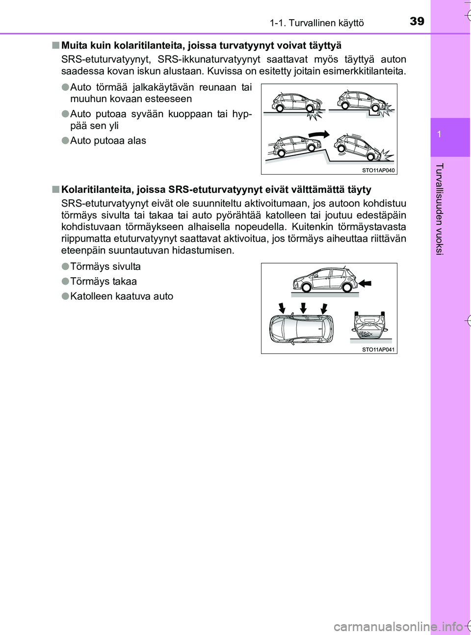 TOYOTA YARIS HATCHBACK 2016 Omistajan Käsikirja (in Finnish) 391-1. Turvallinen käyttö
1
Turvallisuuden vuoksi
OM52G66FIn
Muita kuin kolaritilanteita, joi ssa turvatyynyt voivat täyttyä
SRS-etuturvatyynyt, SRS-ikkunaturvatyynyt saattavat myös täyttyä aut TOYOTA YARIS HATCHBACK 2016 Omistajan Käsikirja (in Finnish) 391-1. Turvallinen käyttö
1
Turvallisuuden vuoksi
OM52G66FIn
Muita kuin kolaritilanteita, joi ssa turvatyynyt voivat täyttyä
SRS-etuturvatyynyt, SRS-ikkunaturvatyynyt saattavat myös täyttyä aut
