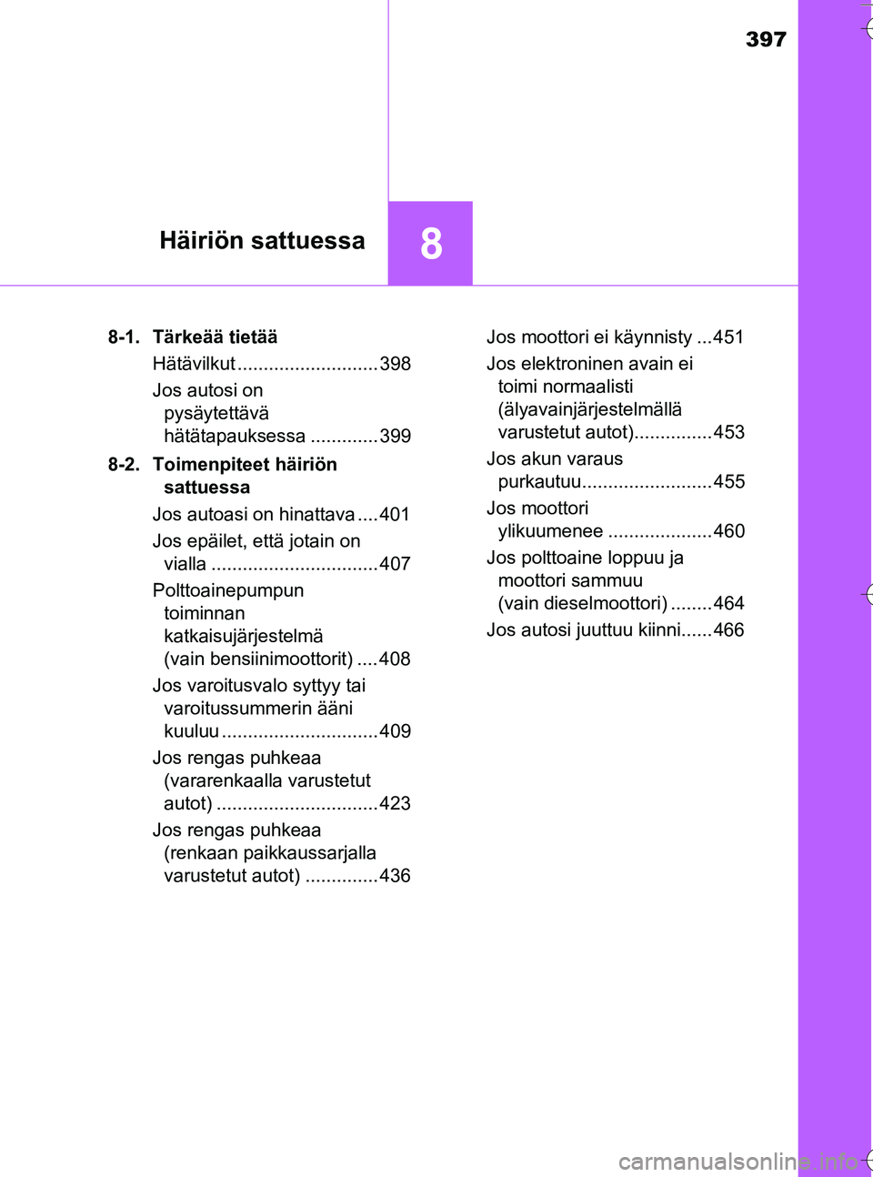 TOYOTA YARIS HATCHBACK 2016  Omistajan Käsikirja (in Finnish) 397
8Häiriön sattuessa
OM52G66FI8-1. Tärkeää tietää
Hätävilkut ........................... 398
Jos autosi on pysäytettävä 
hätätapauksessa ............. 399
8-2. Toimenpiteet häiriön  