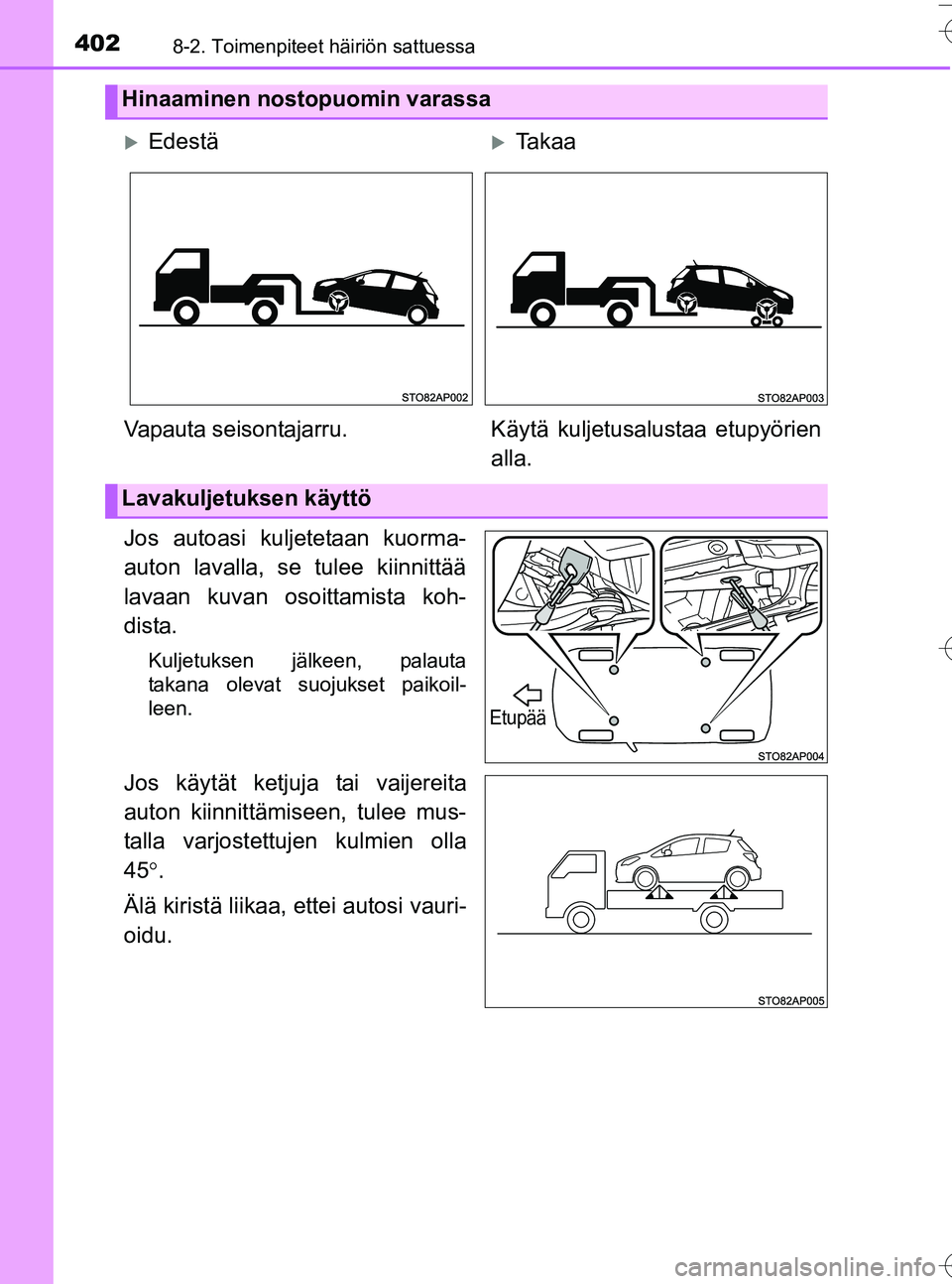 TOYOTA YARIS HATCHBACK 2016  Omistajan Käsikirja (in Finnish) 4028-2. Toimenpiteet häiriön sattuessa
OM52G66FI
Jos autoasi kuljetetaan kuorma-
auton lavalla, se tulee kiinnittää
lavaan kuvan osoittamista koh-
dista.
Kuljetuksen jälkeen, palauta
takana oleva