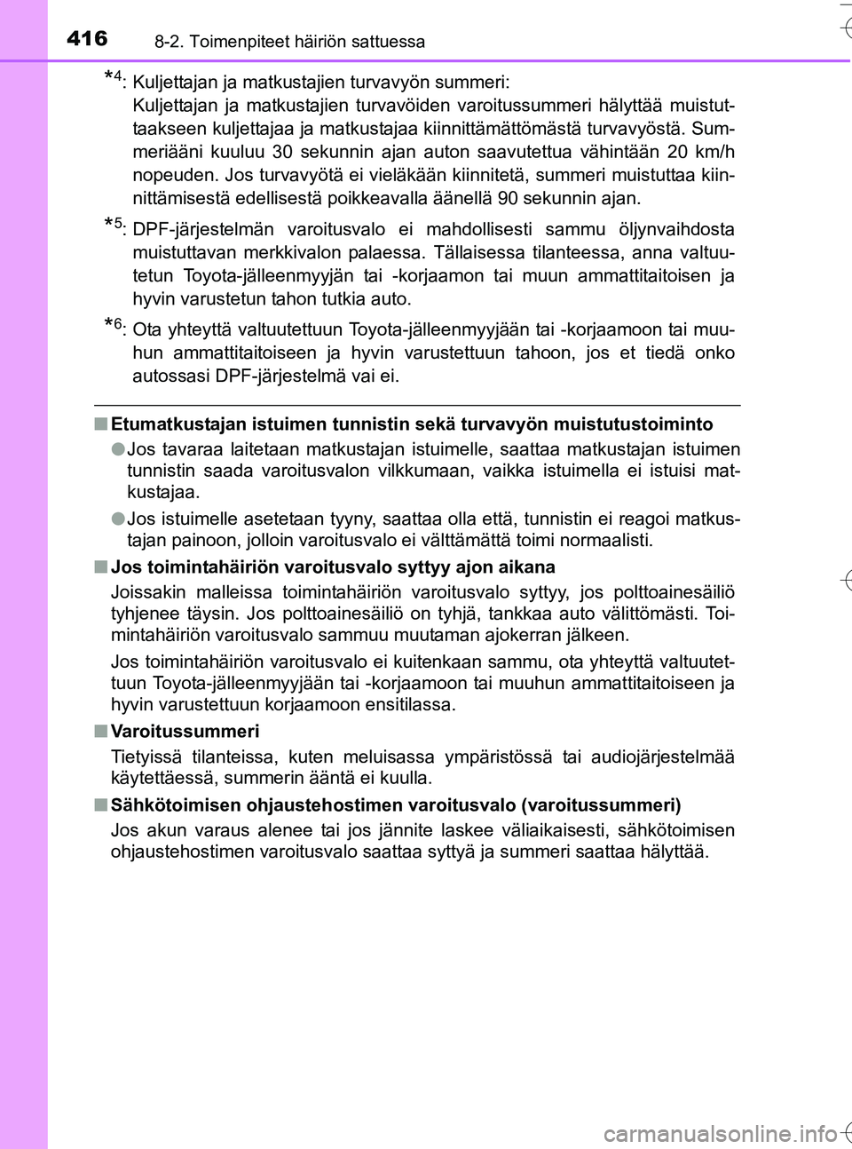 TOYOTA YARIS HATCHBACK 2016  Omistajan Käsikirja (in Finnish) 4168-2. Toimenpiteet häiriön sattuessa
OM52G66FI
*4: Kuljettajan ja matkustajien turvavyön summeri: Kuljettajan ja matkustajien turvavöiden varoitussummeri hälyttää muistut-
taakseen kuljettaja