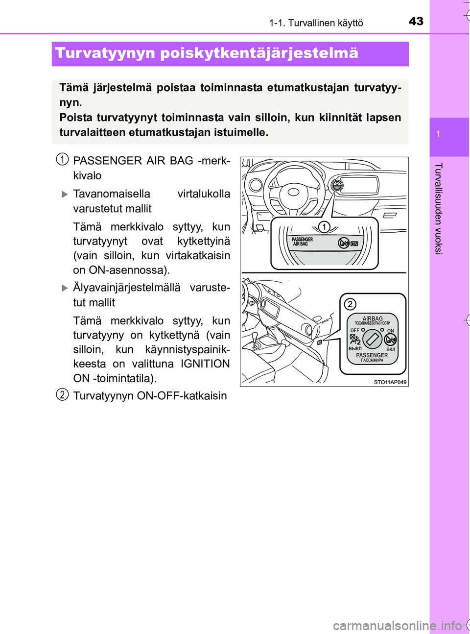TOYOTA YARIS HATCHBACK 2016 Omistajan Käsikirja (in Finnish) 431-1. Turvallinen käyttö
1
Turvallisuuden vuoksi
OM52G66FI
Tur vatyynyn poiskytkentäjärjestelmä
PASSENGER AIR BAG -merk-
kivalo
Tavanomaisella virtalukolla
varustetut mallit
Tämä merkkivalo TOYOTA YARIS HATCHBACK 2016 Omistajan Käsikirja (in Finnish) 431-1. Turvallinen käyttö
1
Turvallisuuden vuoksi
OM52G66FI
Tur vatyynyn poiskytkentäjärjestelmä
PASSENGER AIR BAG -merk-
kivalo
Tavanomaisella virtalukolla
varustetut mallit
Tämä merkkivalo