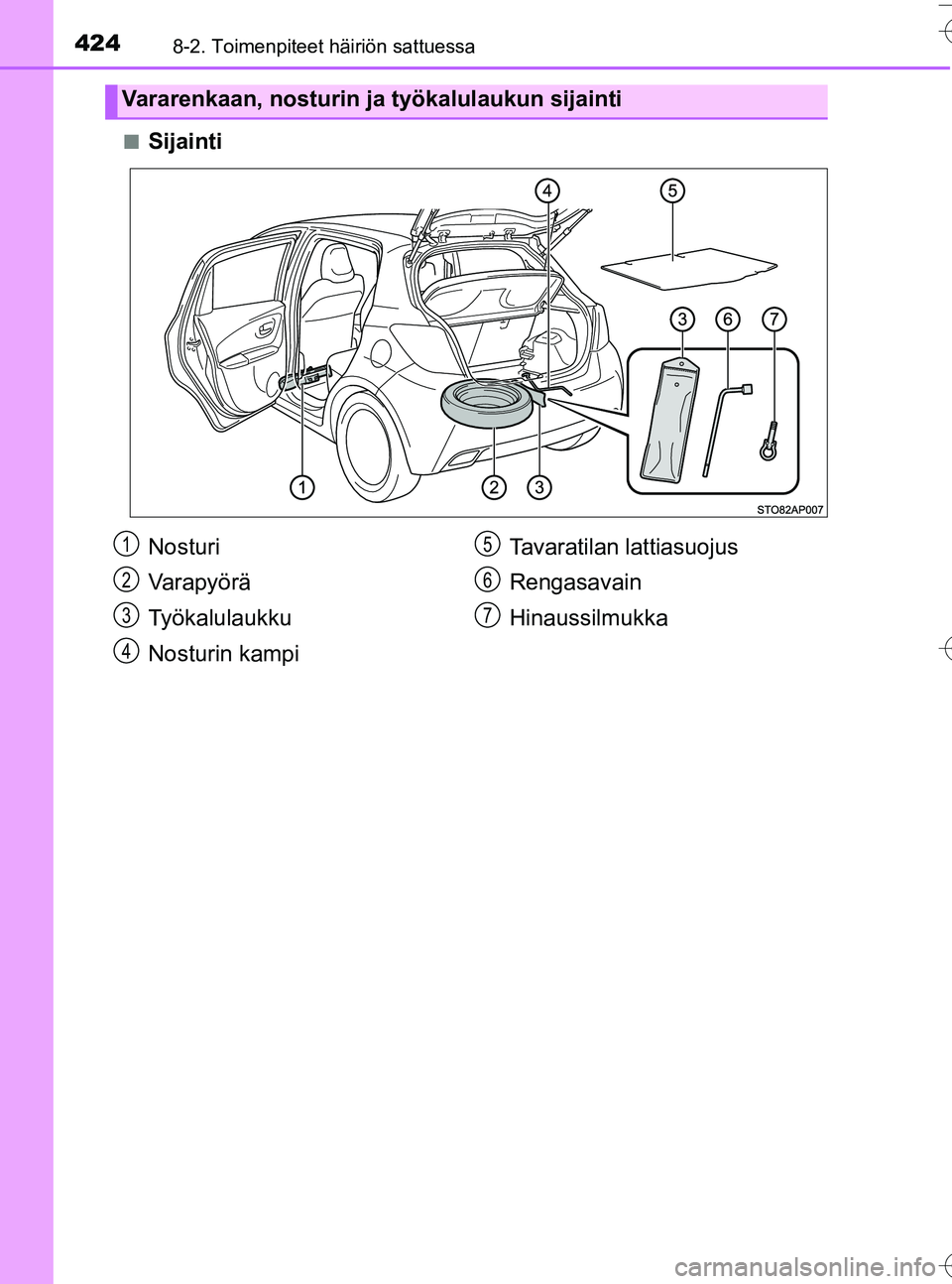 TOYOTA YARIS HATCHBACK 2016 Omistajan Käsikirja (in Finnish) 4248-2. Toimenpiteet häiriön sattuessa
OM52G66FIn
Sijainti
Vararenkaan, nosturin ja työkalulaukun sijainti
Nosturi
Varapyörä
Työkalulaukku
Nosturin kampi
Tavaratilan lattiasuojus
Rengasavain
Hin TOYOTA YARIS HATCHBACK 2016 Omistajan Käsikirja (in Finnish) 4248-2. Toimenpiteet häiriön sattuessa
OM52G66FIn
Sijainti
Vararenkaan, nosturin ja työkalulaukun sijainti
Nosturi
Varapyörä
Työkalulaukku
Nosturin kampi
Tavaratilan lattiasuojus
Rengasavain
Hin