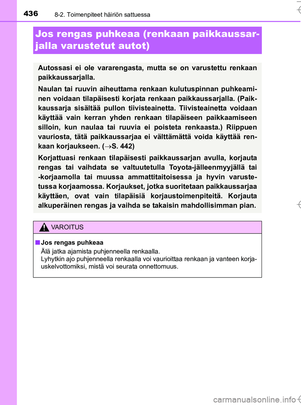 TOYOTA YARIS HATCHBACK 2016 Omistajan Käsikirja (in Finnish) 4368-2. Toimenpiteet häiriön sattuessa
OM52G66FI
Jos rengas puhkeaa (renkaan paikkaussar-
jalla varustetut autot)
Autossasi ei ole vararengasta, mutta se on varustettu renkaan
paikkaussarjalla.
Naul TOYOTA YARIS HATCHBACK 2016 Omistajan Käsikirja (in Finnish) 4368-2. Toimenpiteet häiriön sattuessa
OM52G66FI
Jos rengas puhkeaa (renkaan paikkaussar-
jalla varustetut autot)
Autossasi ei ole vararengasta, mutta se on varustettu renkaan
paikkaussarjalla.
Naul