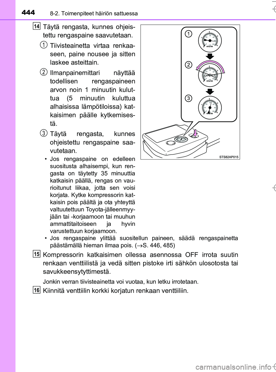 TOYOTA YARIS HATCHBACK 2016 Omistajan Käsikirja (in Finnish) 4448-2. Toimenpiteet häiriön sattuessa
OM52G66FI
Täytä rengasta, kunnes ohjeis-
tettu rengaspaine saavutetaan.Tiivisteainetta virtaa renkaa-
seen, paine nousee ja sitten
laskee asteittain.
Ilmanpa TOYOTA YARIS HATCHBACK 2016 Omistajan Käsikirja (in Finnish) 4448-2. Toimenpiteet häiriön sattuessa
OM52G66FI
Täytä rengasta, kunnes ohjeis-
tettu rengaspaine saavutetaan.Tiivisteainetta virtaa renkaa-
seen, paine nousee ja sitten
laskee asteittain.
Ilmanpa