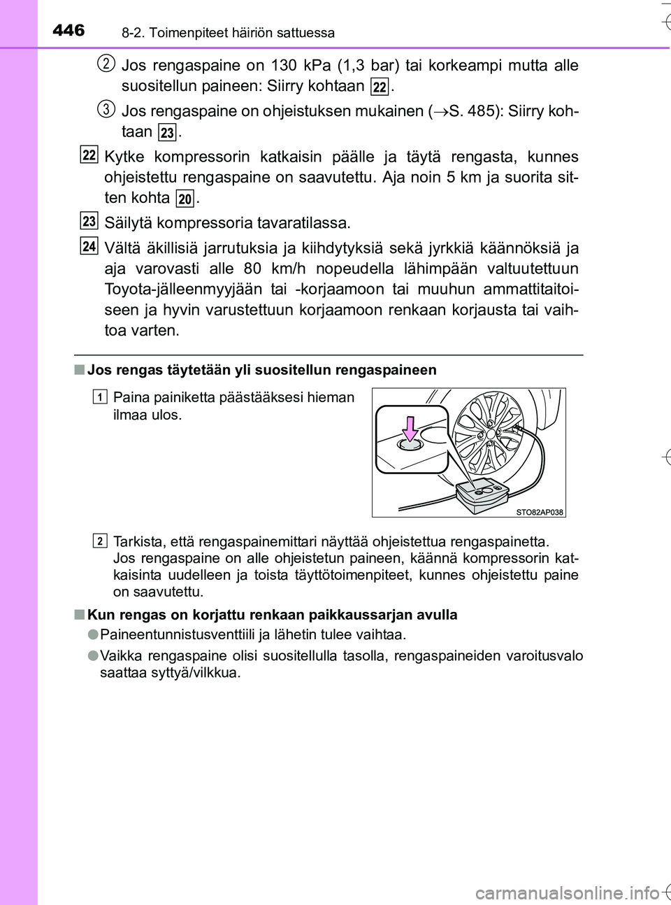 TOYOTA YARIS HATCHBACK 2016 Omistajan Käsikirja (in Finnish) 4468-2. Toimenpiteet häiriön sattuessa
OM52G66FI
Jos rengaspaine on 130 kPa (1,3 bar) tai korkeampi mutta alle
suositellun paineen: Siirry kohtaan .
Jos rengaspaine on ohjeistuksen mukainen (S. TOYOTA YARIS HATCHBACK 2016 Omistajan Käsikirja (in Finnish) 4468-2. Toimenpiteet häiriön sattuessa
OM52G66FI
Jos rengaspaine on 130 kPa (1,3 bar) tai korkeampi mutta alle
suositellun paineen: Siirry kohtaan .
Jos rengaspaine on ohjeistuksen mukainen (S.
