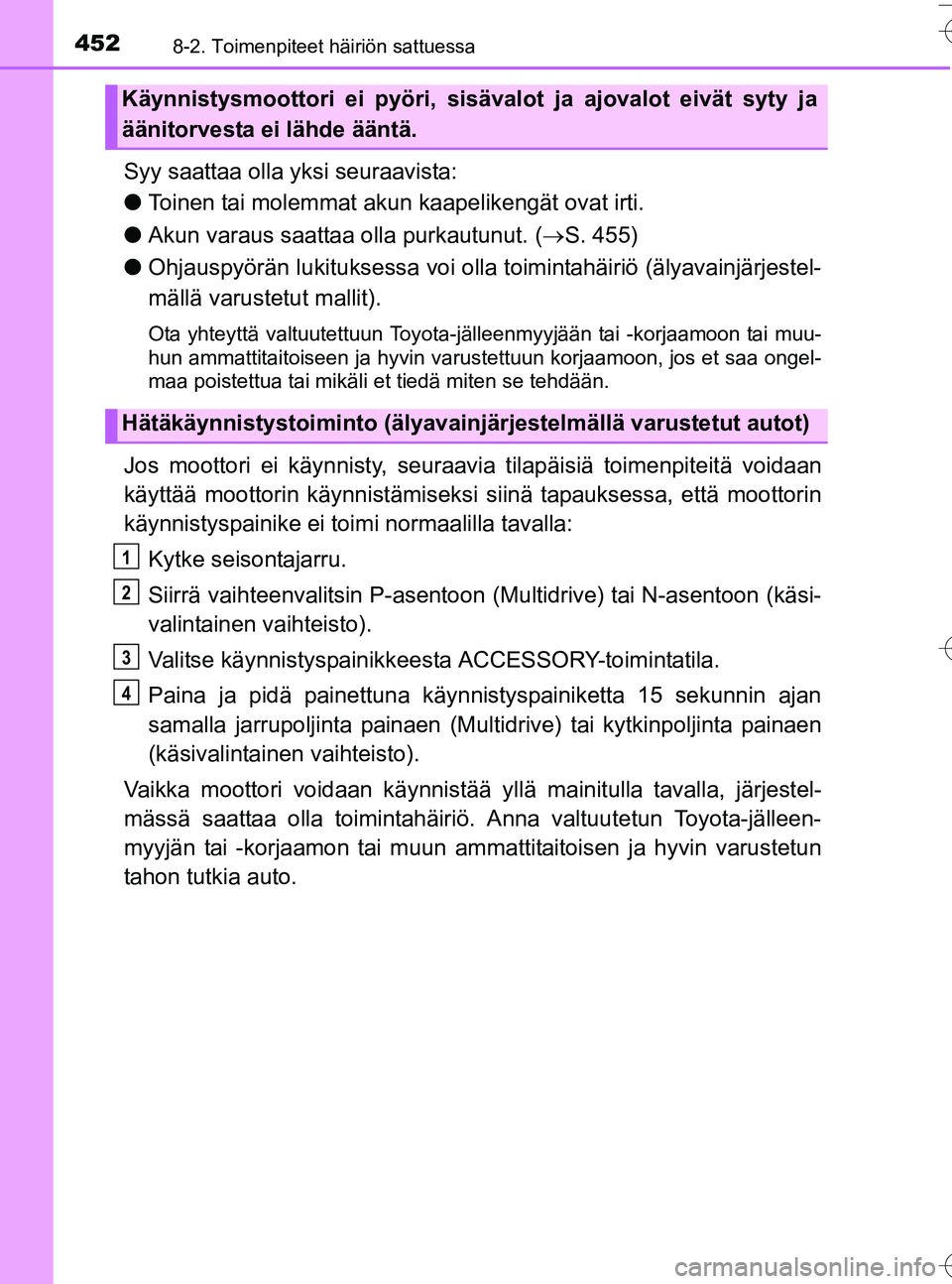 TOYOTA YARIS HATCHBACK 2016 Omistajan Käsikirja (in Finnish) 4528-2. Toimenpiteet häiriön sattuessa
OM52G66FI
Syy saattaa olla yksi seuraavista:
lToinen tai molemmat akun kaapelikengät ovat irti.
l Akun varaus saattaa olla purkautunut. (S. 455)
l Ohjausp TOYOTA YARIS HATCHBACK 2016 Omistajan Käsikirja (in Finnish) 4528-2. Toimenpiteet häiriön sattuessa
OM52G66FI
Syy saattaa olla yksi seuraavista:
lToinen tai molemmat akun kaapelikengät ovat irti.
l Akun varaus saattaa olla purkautunut. (S. 455)
l Ohjausp