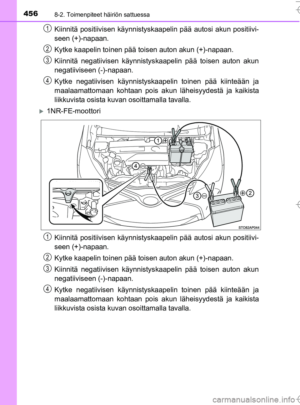 TOYOTA YARIS HATCHBACK 2016 Omistajan Käsikirja (in Finnish) 4568-2. Toimenpiteet häiriön sattuessa
OM52G66FI
Kiinnitä positiivisen käynnistyskaapelin pää autosi akun positiivi-
seen (+)-napaan.
Kytke kaapelin toinen pää toisen auton akun (+)-napaan.
Ki TOYOTA YARIS HATCHBACK 2016 Omistajan Käsikirja (in Finnish) 4568-2. Toimenpiteet häiriön sattuessa
OM52G66FI
Kiinnitä positiivisen käynnistyskaapelin pää autosi akun positiivi-
seen (+)-napaan.
Kytke kaapelin toinen pää toisen auton akun (+)-napaan.
Ki