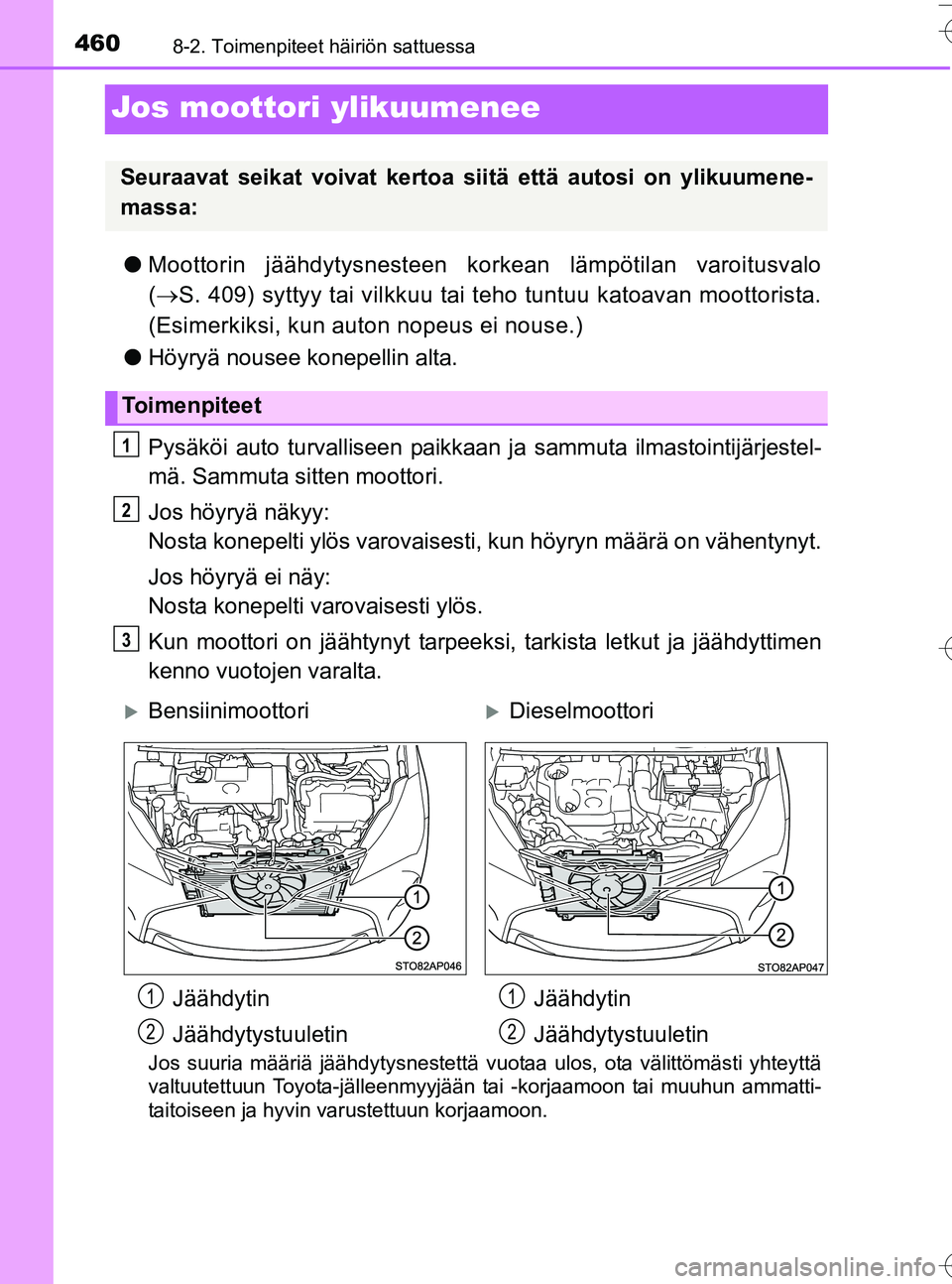 TOYOTA YARIS HATCHBACK 2016 Omistajan Käsikirja (in Finnish) 4608-2. Toimenpiteet häiriön sattuessa
OM52G66FI
Jos moottori ylikuumenee
lMoottorin jäähdytysnesteen korkean lämpötilan varoitusvalo
( S. 409) syttyy tai vilkkuu tai teho tuntuu katoavan moo TOYOTA YARIS HATCHBACK 2016 Omistajan Käsikirja (in Finnish) 4608-2. Toimenpiteet häiriön sattuessa
OM52G66FI
Jos moottori ylikuumenee
lMoottorin jäähdytysnesteen korkean lämpötilan varoitusvalo
( S. 409) syttyy tai vilkkuu tai teho tuntuu katoavan moo