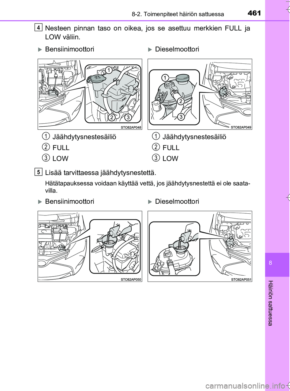 TOYOTA YARIS HATCHBACK 2016 Omistajan Käsikirja (in Finnish) 4618-2. Toimenpiteet häiriön sattuessa
8
Häiriön sattuessa
OM52G66FI
Nesteen pinnan taso on oikea, jos se asettuu merkkien FULL ja
LOW väliin.
Lisää tarvittaessa jäähdytysnestettä.
Hätätap TOYOTA YARIS HATCHBACK 2016 Omistajan Käsikirja (in Finnish) 4618-2. Toimenpiteet häiriön sattuessa
8
Häiriön sattuessa
OM52G66FI
Nesteen pinnan taso on oikea, jos se asettuu merkkien FULL ja
LOW väliin.
Lisää tarvittaessa jäähdytysnestettä.
Hätätap