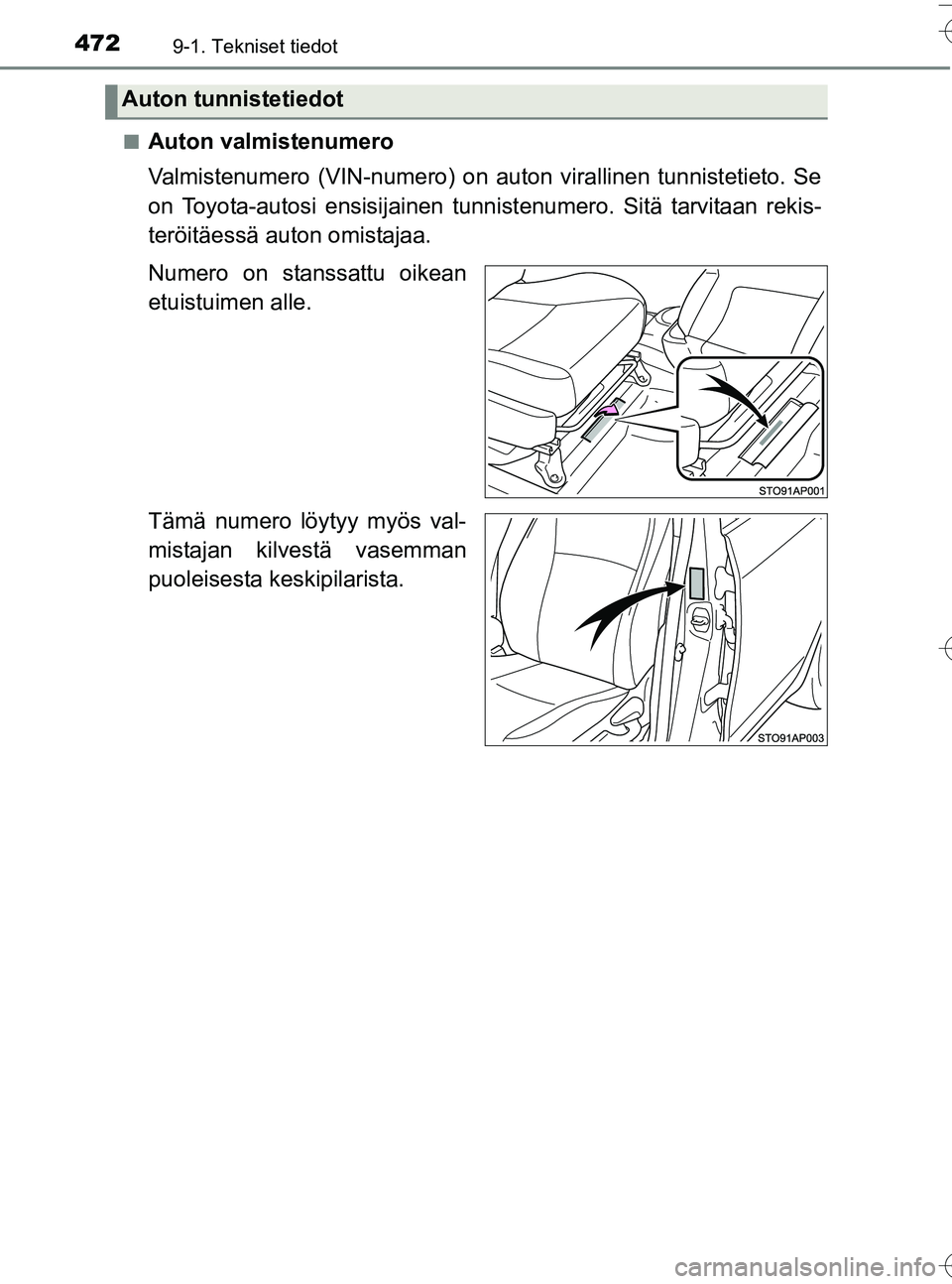 TOYOTA YARIS HATCHBACK 2016  Omistajan Käsikirja (in Finnish) 4729-1. Tekniset tiedot
OM52G66FIn
Auton valmistenumero
Valmistenumero (VIN-numero) on auton virallinen tunnistetieto. Se
on Toyota-autosi ensisijainen tunn
istenumero. Sitä tarvitaan rekis-
teröit