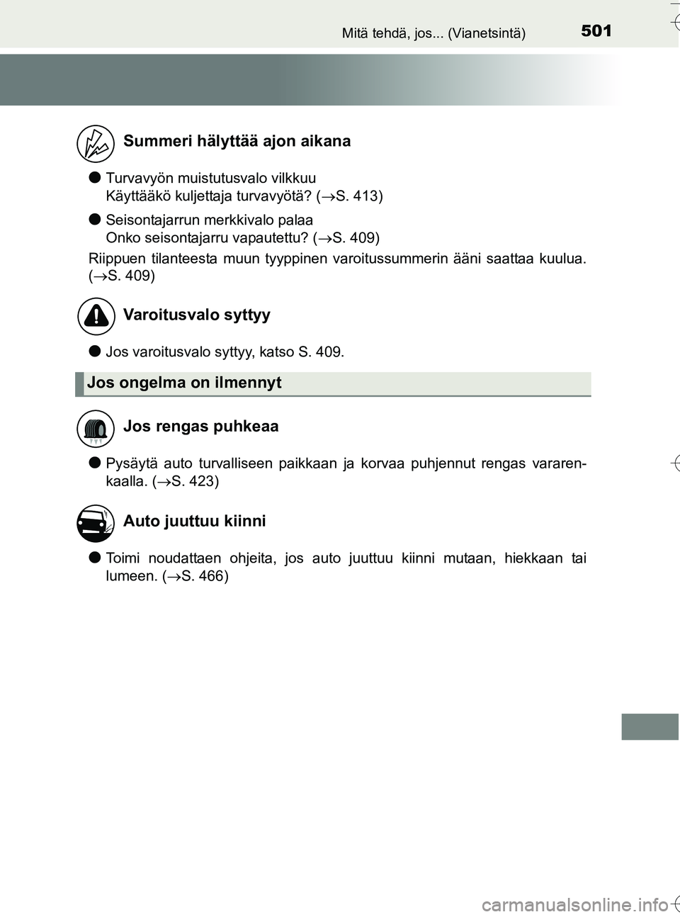 TOYOTA YARIS HATCHBACK 2016 Omistajan Käsikirja (in Finnish) 501Mitä tehdä, jos... (Vianetsintä)
OM52G66FI
lTurvavyön muistutusvalo vilkkuu
Käyttääkö kuljettaja turvavyötä? (S. 413)
lSeisontajarrun merkkivalo palaa
Onko seisontajarru vapautettu? TOYOTA YARIS HATCHBACK 2016 Omistajan Käsikirja (in Finnish) 501Mitä tehdä, jos... (Vianetsintä)
OM52G66FI
lTurvavyön muistutusvalo vilkkuu
Käyttääkö kuljettaja turvavyötä? (S. 413)
lSeisontajarrun merkkivalo palaa
Onko seisontajarru vapautettu?