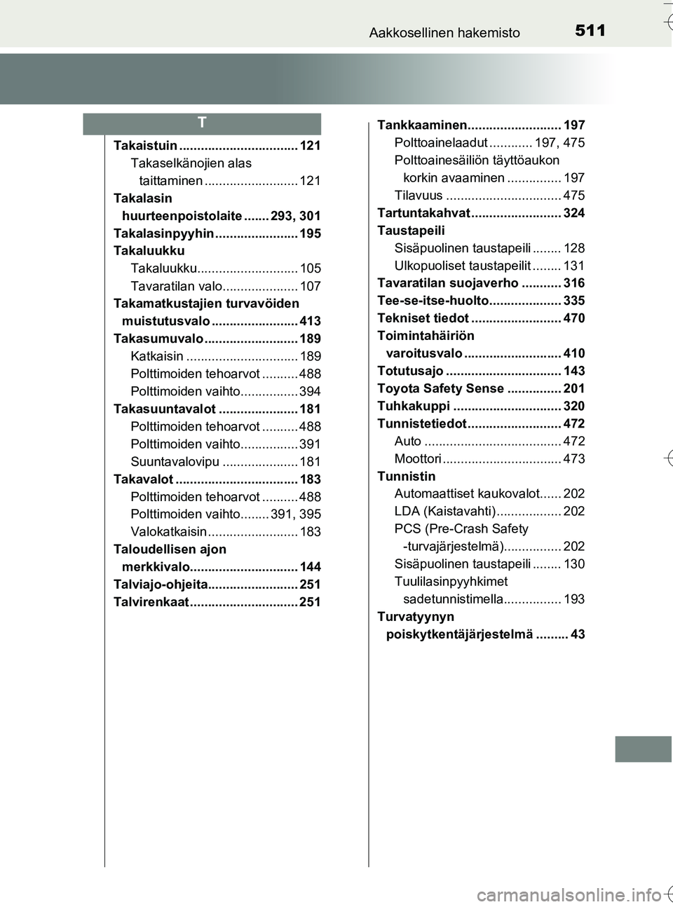 TOYOTA YARIS HATCHBACK 2016 Omistajan Käsikirja (in Finnish) 511Aakkosellinen hakemisto
OM52G66FI
Takaistuin ................................. 121Takaselkänojien alas taittaminen .......................... 121
Takalasin
huurteenpoistola ite ....... 293, 301
T TOYOTA YARIS HATCHBACK 2016 Omistajan Käsikirja (in Finnish) 511Aakkosellinen hakemisto
OM52G66FI
Takaistuin ................................. 121Takaselkänojien alas taittaminen .......................... 121
Takalasin
huurteenpoistola ite ....... 293, 301
T