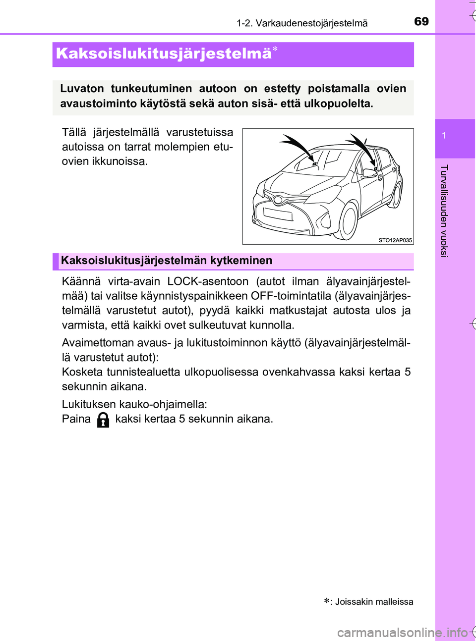 TOYOTA YARIS HATCHBACK 2016 Omistajan Käsikirja (in Finnish) 69
1
1-2. Varkaudenestojärjestelmä
Turvallisuuden vuoksi
OM52G66FI
Kaksoislukitusjärjestelmä
Tällä järjestelmällä varustetuissa
autoissa on tarrat molempien etu-
ovien ikkunoissa.
Käänn TOYOTA YARIS HATCHBACK 2016 Omistajan Käsikirja (in Finnish) 69
1
1-2. Varkaudenestojärjestelmä
Turvallisuuden vuoksi
OM52G66FI
Kaksoislukitusjärjestelmä
Tällä järjestelmällä varustetuissa
autoissa on tarrat molempien etu-
ovien ikkunoissa.
Käänn