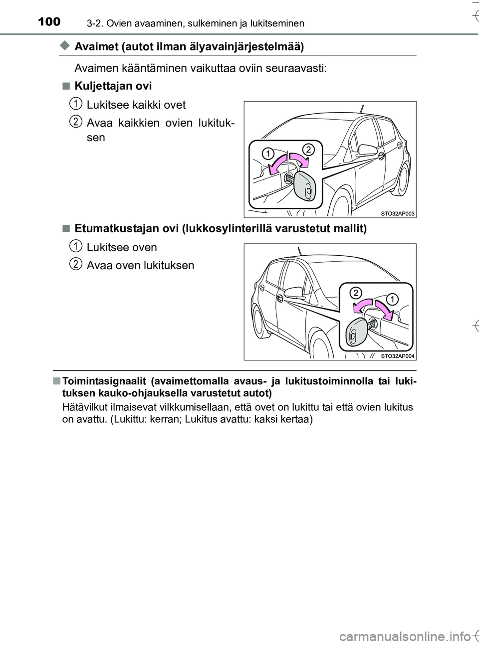 TOYOTA YARIS HATCHBACK 2016 Omistajan Käsikirja (in Finnish) 1003-2. Ovien avaaminen, sulkeminen ja lukitseminen
OM52G66FI
uAvaimet (autot ilman älyavainjärjestelmää)
Avaimen kääntäminen vaikuttaa oviin seuraavasti:
nKuljettajan ovi
Lukitsee kaikki ovet
TOYOTA YARIS HATCHBACK 2016 Omistajan Käsikirja (in Finnish) 1003-2. Ovien avaaminen, sulkeminen ja lukitseminen
OM52G66FI
uAvaimet (autot ilman älyavainjärjestelmää)
Avaimen kääntäminen vaikuttaa oviin seuraavasti:
nKuljettajan ovi
Lukitsee kaikki ovet