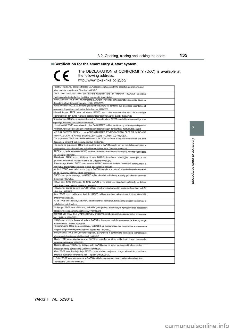 TOYOTA YARIS HATCHBACK 2015  Owners Manual 1353-2. Opening, closing and locking the doors
3
Operation of each component
YARIS_F_WE_52G04E 
■ Certification for the smart entry & start system
The DECLARATION of CONFORMITY (DoC) is available at