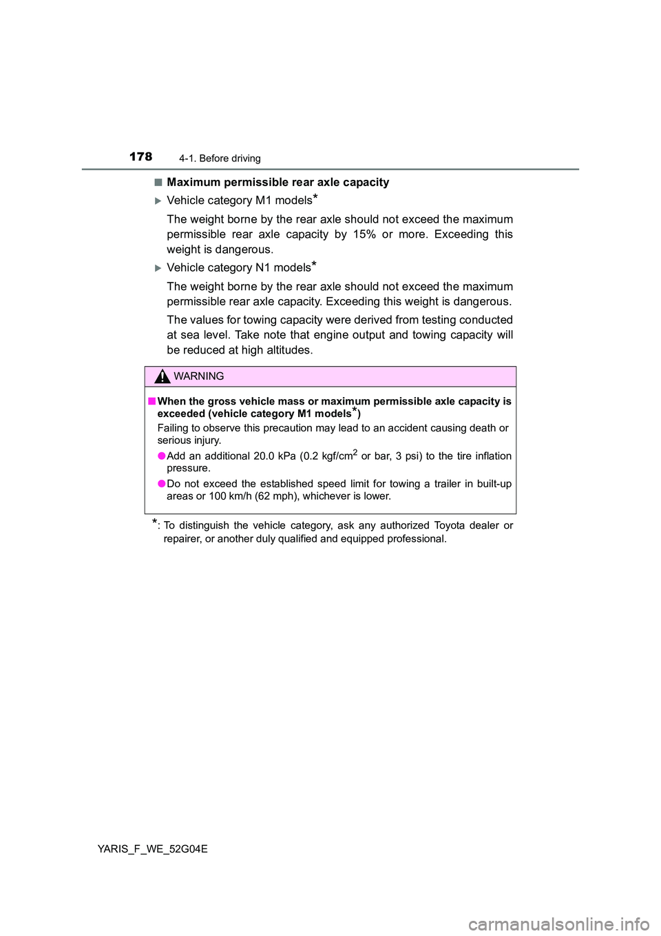 TOYOTA YARIS HATCHBACK 2015 Owners Manual 1784-1. Before driving
YARIS_F_WE_52G04E
■Maximum permissible rear axle capacity
Vehicle category M1 models*
The weight borne by the rear axle should not exceed the maximum
permissible rear axl TOYOTA YARIS HATCHBACK 2015 Owners Manual 1784-1. Before driving
YARIS_F_WE_52G04E
■Maximum permissible rear axle capacity
Vehicle category M1 models*
The weight borne by the rear axle should not exceed the maximum
permissible rear axl