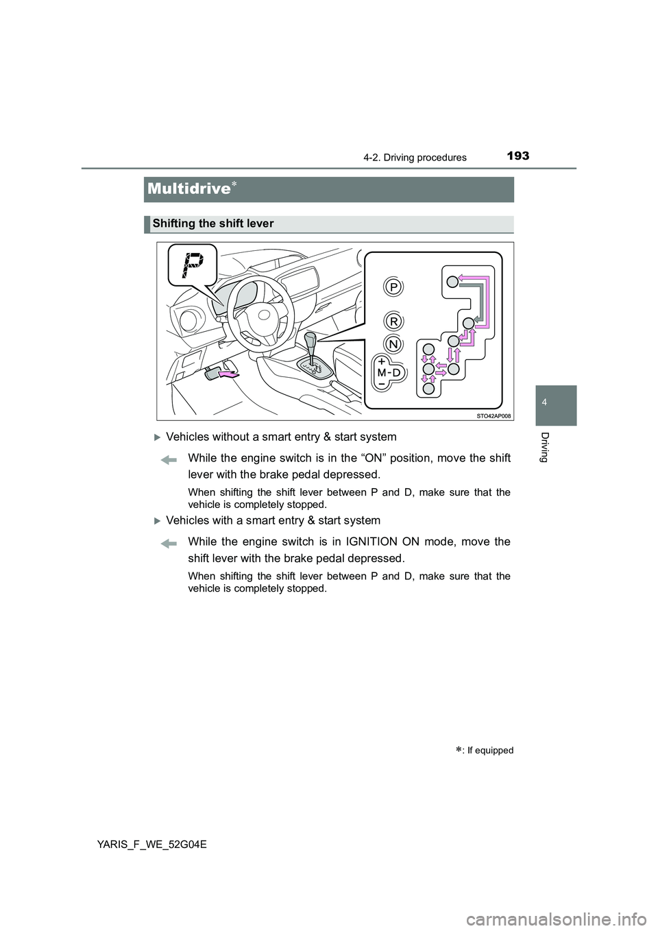 TOYOTA YARIS HATCHBACK 2015 Owners Manual 193
4
4-2. Driving procedures
Driving
YARIS_F_WE_52G04E
Multidrive
Vehicles without a smart entry & start system
While the engine switch is in the “ON” position, move the shift
lever with TOYOTA YARIS HATCHBACK 2015 Owners Manual 193
4
4-2. Driving procedures
Driving
YARIS_F_WE_52G04E
Multidrive
Vehicles without a smart entry & start system
While the engine switch is in the “ON” position, move the shift
lever with