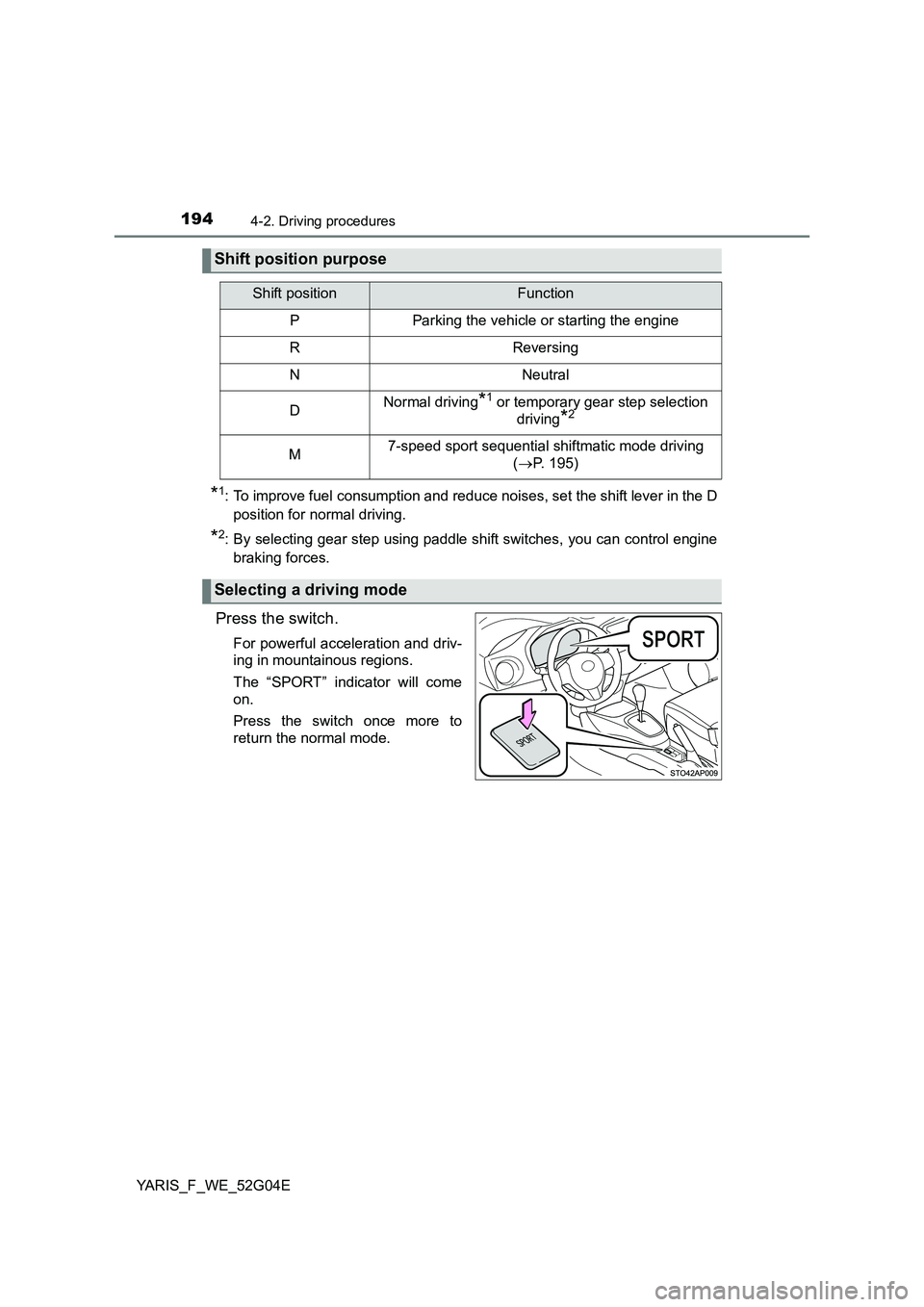 TOYOTA YARIS HATCHBACK 2015 Owners Manual 1944-2. Driving procedures
YARIS_F_WE_52G04E
*1: To improve fuel consumption and reduce noises, set the shift lever in the D
position for normal driving.
*2: By selecting gear step using paddle shift TOYOTA YARIS HATCHBACK 2015 Owners Manual 1944-2. Driving procedures
YARIS_F_WE_52G04E
*1: To improve fuel consumption and reduce noises, set the shift lever in the D
position for normal driving.
*2: By selecting gear step using paddle shift