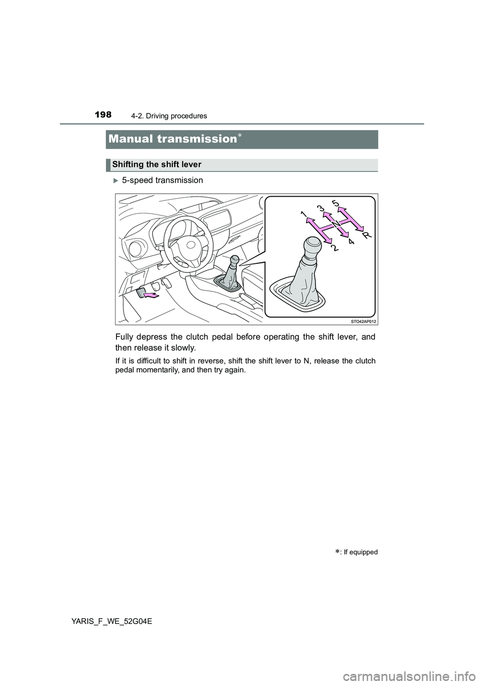 TOYOTA YARIS HATCHBACK 2015 Owners Manual 1984-2. Driving procedures
YARIS_F_WE_52G04E
Manual transmission
5-speed transmission
Fully depress the clutch pedal before operating the shift lever, and
then release it slowly.
If it is diff TOYOTA YARIS HATCHBACK 2015 Owners Manual 1984-2. Driving procedures
YARIS_F_WE_52G04E
Manual transmission
5-speed transmission
Fully depress the clutch pedal before operating the shift lever, and
then release it slowly.
If it is diff