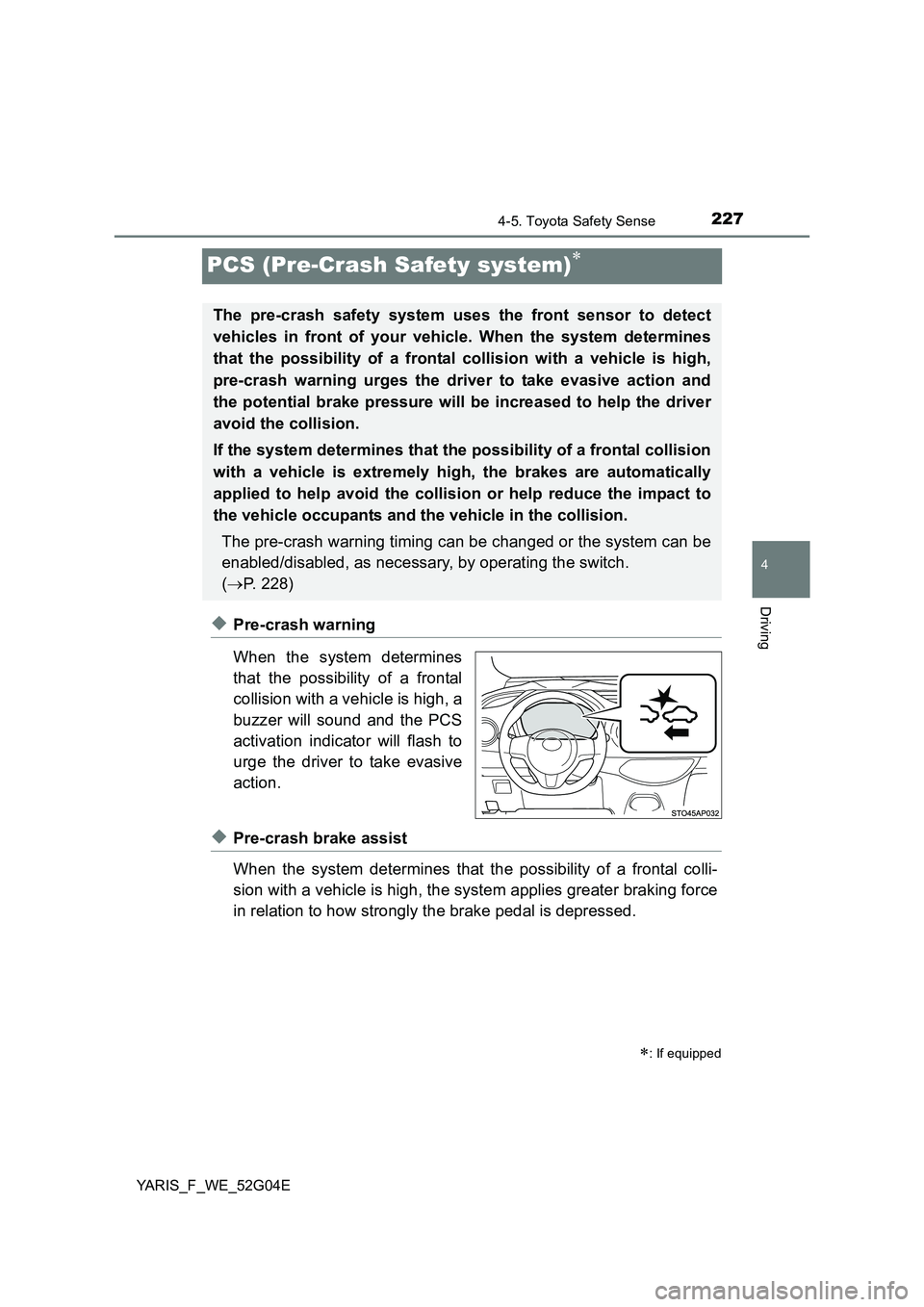 TOYOTA YARIS HATCHBACK 2015 Owners Manual 227
4
4-5. Toyota Safety Sense
Driving
YARIS_F_WE_52G04E
PCS (Pre-Crash Safety system)
◆Pre-crash warning
When the system determines
that the possibility of a frontal
collision with a vehicle TOYOTA YARIS HATCHBACK 2015 Owners Manual 227
4
4-5. Toyota Safety Sense
Driving
YARIS_F_WE_52G04E
PCS (Pre-Crash Safety system)
◆Pre-crash warning
When the system determines
that the possibility of a frontal
collision with a vehicle