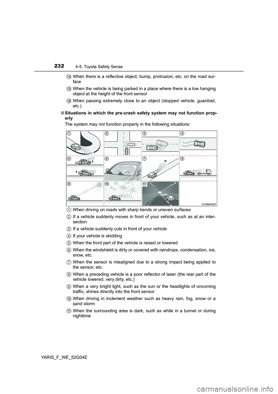 TOYOTA YARIS HATCHBACK 2015 Owners Manual 2324-5. Toyota Safety Sense
YARIS_F_WE_52G04E
When there is a reflective object, bump, protrusion, etc. on the road sur-
face
When the vehicle is being parked in a place where there is a low hangin TOYOTA YARIS HATCHBACK 2015 Owners Manual 2324-5. Toyota Safety Sense
YARIS_F_WE_52G04E
When there is a reflective object, bump, protrusion, etc. on the road sur-
face
When the vehicle is being parked in a place where there is a low hangin