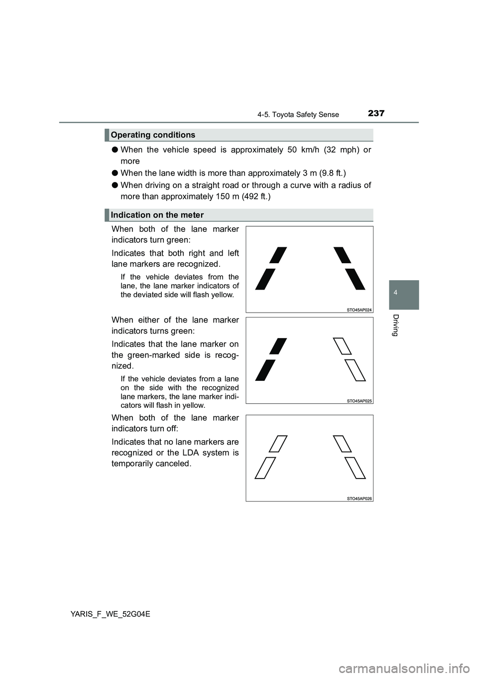 TOYOTA YARIS HATCHBACK 2015 Owners Manual 2374-5. Toyota Safety Sense
4
Driving
YARIS_F_WE_52G04E
●When the vehicle speed is approximately 50 km/h (32 mph) or
more
● When the lane width is more than approximately 3 m (9.8 ft.)
● When TOYOTA YARIS HATCHBACK 2015 Owners Manual 2374-5. Toyota Safety Sense
4
Driving
YARIS_F_WE_52G04E
●When the vehicle speed is approximately 50 km/h (32 mph) or
more
● When the lane width is more than approximately 3 m (9.8 ft.)
● When