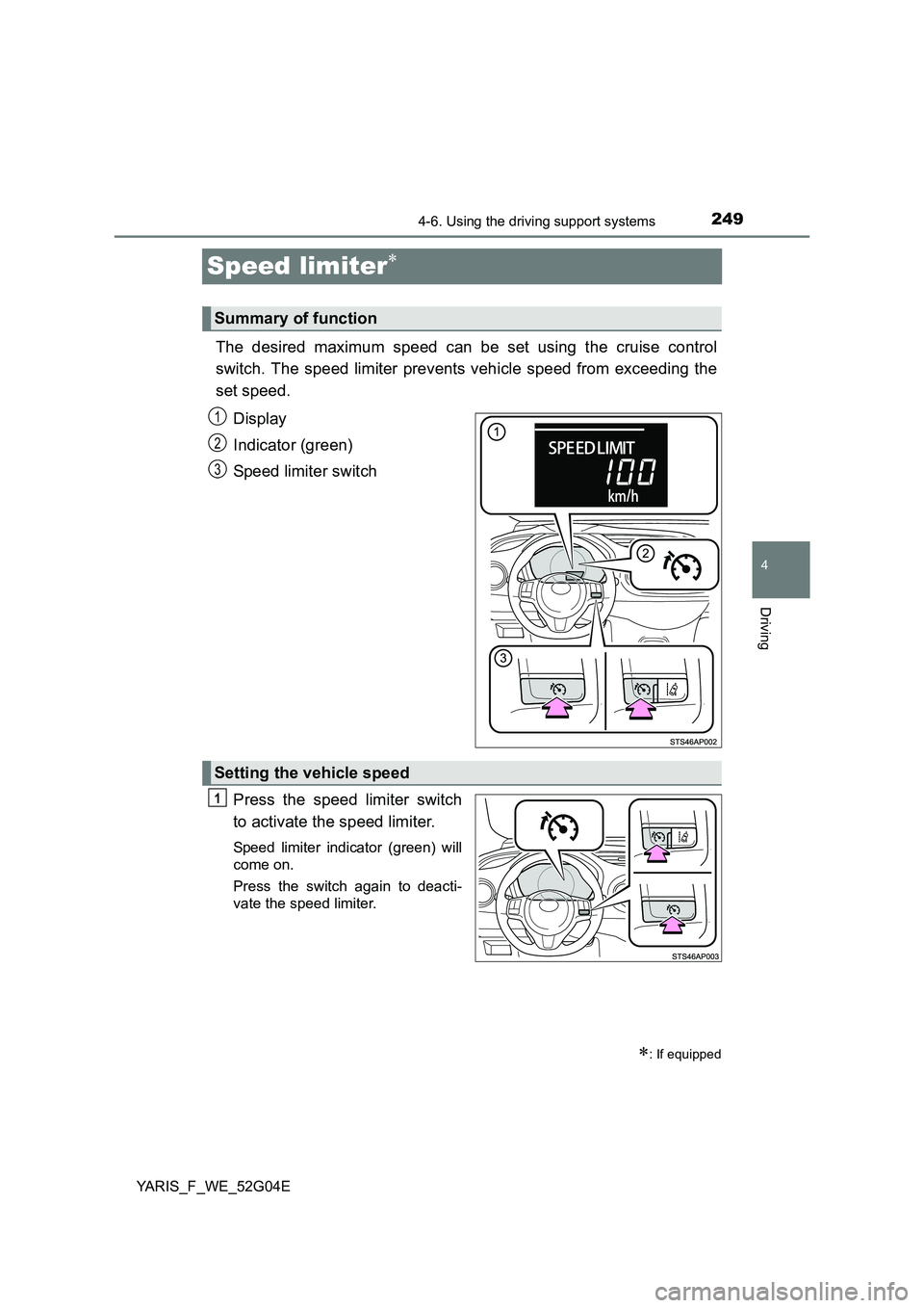 TOYOTA YARIS HATCHBACK 2015 Owners Manual 249
4
4-6. Using the driving support systems
Driving
YARIS_F_WE_52G04E
Speed limiter
The desired maximum speed can be set using the cruise control
switch. The speed limiter prevents vehicle sp TOYOTA YARIS HATCHBACK 2015 Owners Manual 249
4
4-6. Using the driving support systems
Driving
YARIS_F_WE_52G04E
Speed limiter
The desired maximum speed can be set using the cruise control
switch. The speed limiter prevents vehicle sp