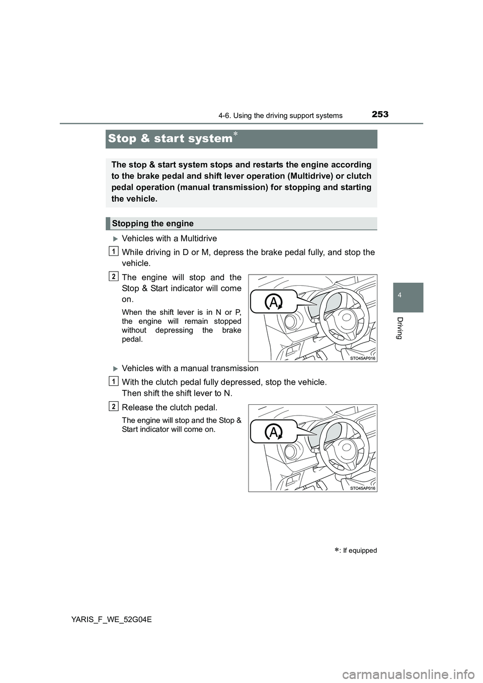TOYOTA YARIS HATCHBACK 2015 Owners Manual 253
4
4-6. Using the driving support systems
Driving
YARIS_F_WE_52G04E
Stop & star t system
Vehicles with a Multidrive
While driving in D or M, depress the brake pedal fully, and stop the
vehi TOYOTA YARIS HATCHBACK 2015 Owners Manual 253
4
4-6. Using the driving support systems
Driving
YARIS_F_WE_52G04E
Stop & star t system
Vehicles with a Multidrive
While driving in D or M, depress the brake pedal fully, and stop the
vehi