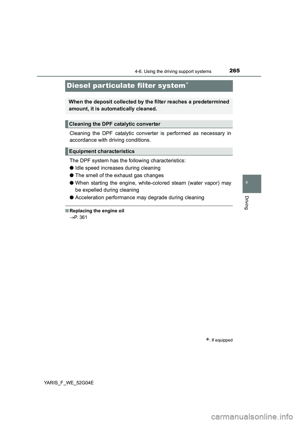TOYOTA YARIS HATCHBACK 2015 Owners Manual 265
4
4-6. Using the driving support systems
Driving
YARIS_F_WE_52G04E
Diesel par ticulate filter system
Cleaning the DPF catalytic converter is performed as necessary in
accordance with driving c TOYOTA YARIS HATCHBACK 2015 Owners Manual 265
4
4-6. Using the driving support systems
Driving
YARIS_F_WE_52G04E
Diesel par ticulate filter system
Cleaning the DPF catalytic converter is performed as necessary in
accordance with driving c