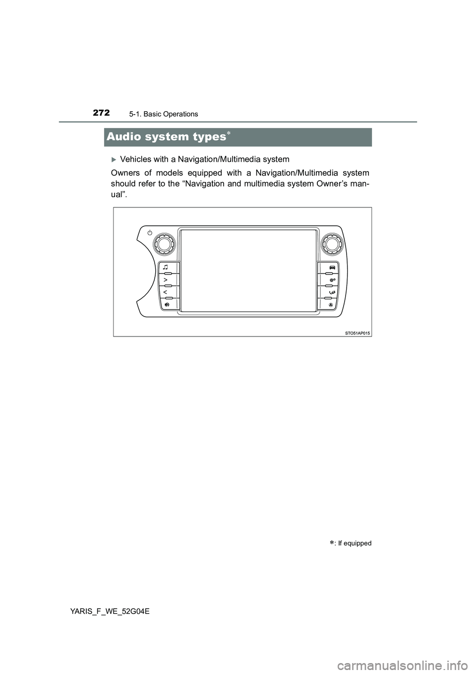 TOYOTA YARIS HATCHBACK 2015  Owners Manual 2725-1. Basic Operations
YARIS_F_WE_52G04E
Audio system types
Vehicles with a Navigation/Multimedia system 
Owners of models equipped with a Navigation/Multimedia system 
should refer to the “
