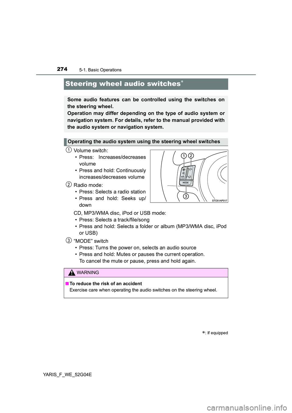 TOYOTA YARIS HATCHBACK 2015 Owners Manual 2745-1. Basic Operations
YARIS_F_WE_52G04E
Steering wheel audio switches
Vo lu m e swi tc h :
• Press: Increases/decreases
volume
• Press and hold: Continuously
increases/decreases volume
TOYOTA YARIS HATCHBACK 2015 Owners Manual 2745-1. Basic Operations
YARIS_F_WE_52G04E
Steering wheel audio switches
Vo lu m e swi tc h :
• Press: Increases/decreases
volume
• Press and hold: Continuously
increases/decreases volume