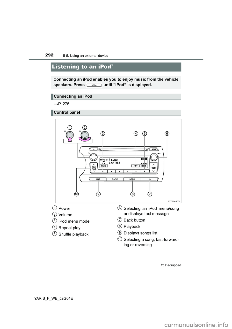 TOYOTA YARIS HATCHBACK 2015 Owners Manual 2925-5. Using an external device
YARIS_F_WE_52G04E
Listening to an iPod
P. 2 7 5
: If equipped
Connecting an iPod enables you to enjoy music from the vehicle
speakers. Press until “iPod TOYOTA YARIS HATCHBACK 2015 Owners Manual 2925-5. Using an external device
YARIS_F_WE_52G04E
Listening to an iPod
P. 2 7 5
: If equipped
Connecting an iPod enables you to enjoy music from the vehicle
speakers. Press until “iPod