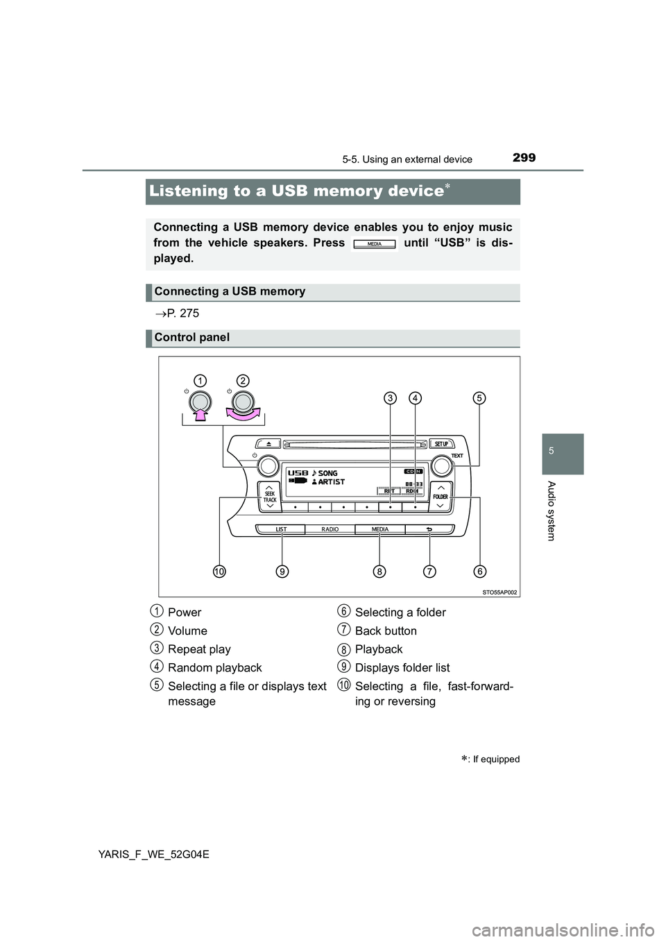 TOYOTA YARIS HATCHBACK 2015 Owners Manual 299
5
5-5. Using an external device
Audio system
YARIS_F_WE_52G04E
Listening to a USB memor y device
P. 2 7 5
: If equipped
Connecting a USB memory device enables you to enjoy music
from th TOYOTA YARIS HATCHBACK 2015 Owners Manual 299
5
5-5. Using an external device
Audio system
YARIS_F_WE_52G04E
Listening to a USB memor y device
P. 2 7 5
: If equipped
Connecting a USB memory device enables you to enjoy music
from th