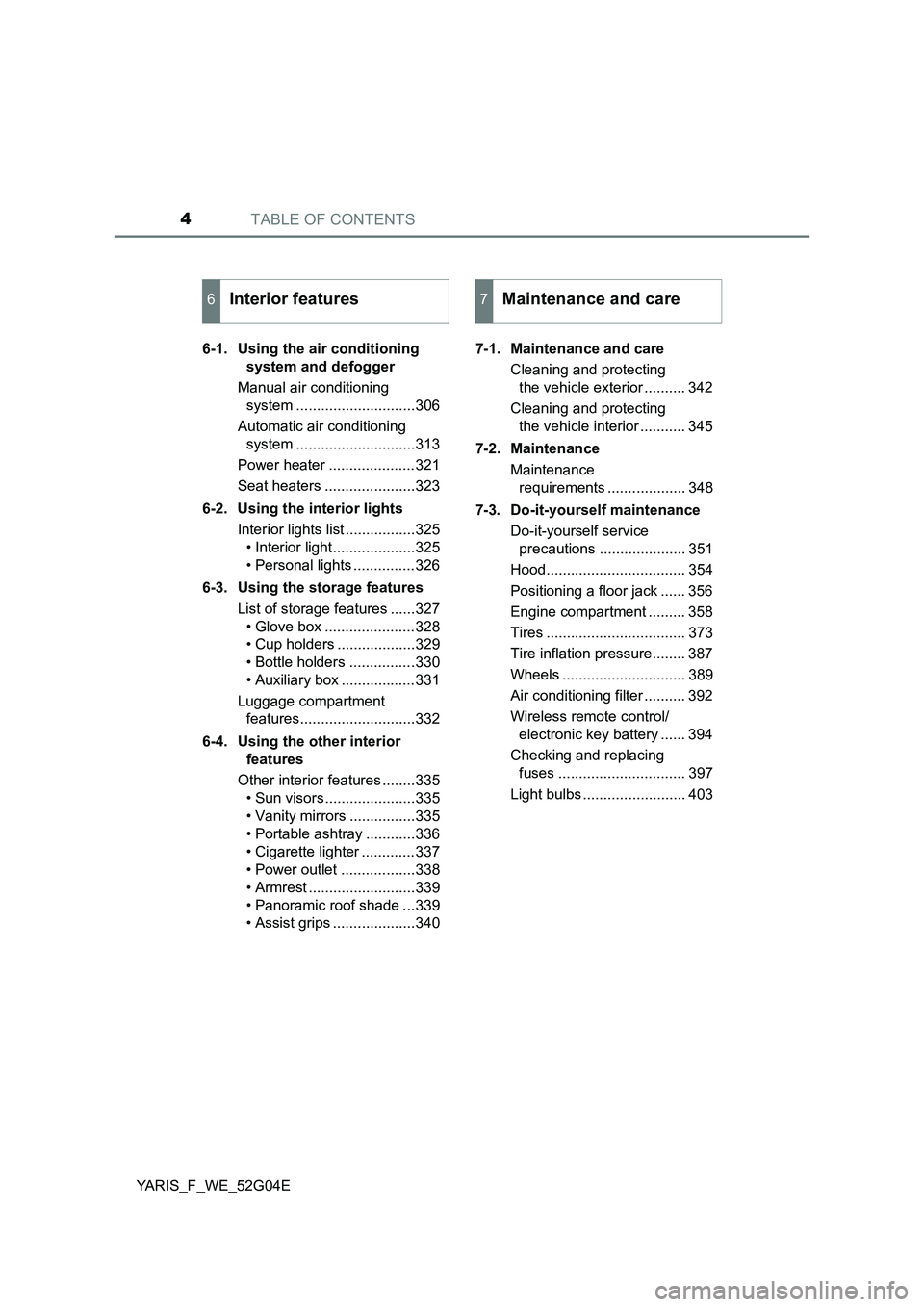 TOYOTA YARIS HATCHBACK 2015  Owners Manual TABLE OF CONTENTS4
YARIS_F_WE_52G04E 
6-1. Using the air conditioning  
system and defogger 
Manual air conditioning  
system .............................306 
Automatic air conditioning  
system ....