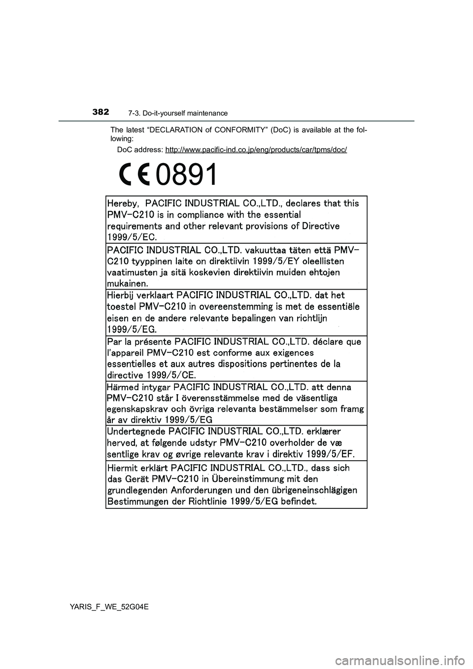TOYOTA YARIS HATCHBACK 2015 Owners Manual 3827-3. Do-it-yourself maintenance
YARIS_F_WE_52G04E
The latest “DECLARATION of CONFORMITY” (DoC) is available at the fol-
lowing:
DoC address: http://www.pacific-ind.co.jp/eng/products/car/tpm TOYOTA YARIS HATCHBACK 2015 Owners Manual 3827-3. Do-it-yourself maintenance
YARIS_F_WE_52G04E
The latest “DECLARATION of CONFORMITY” (DoC) is available at the fol-
lowing:
DoC address: http://www.pacific-ind.co.jp/eng/products/car/tpm
